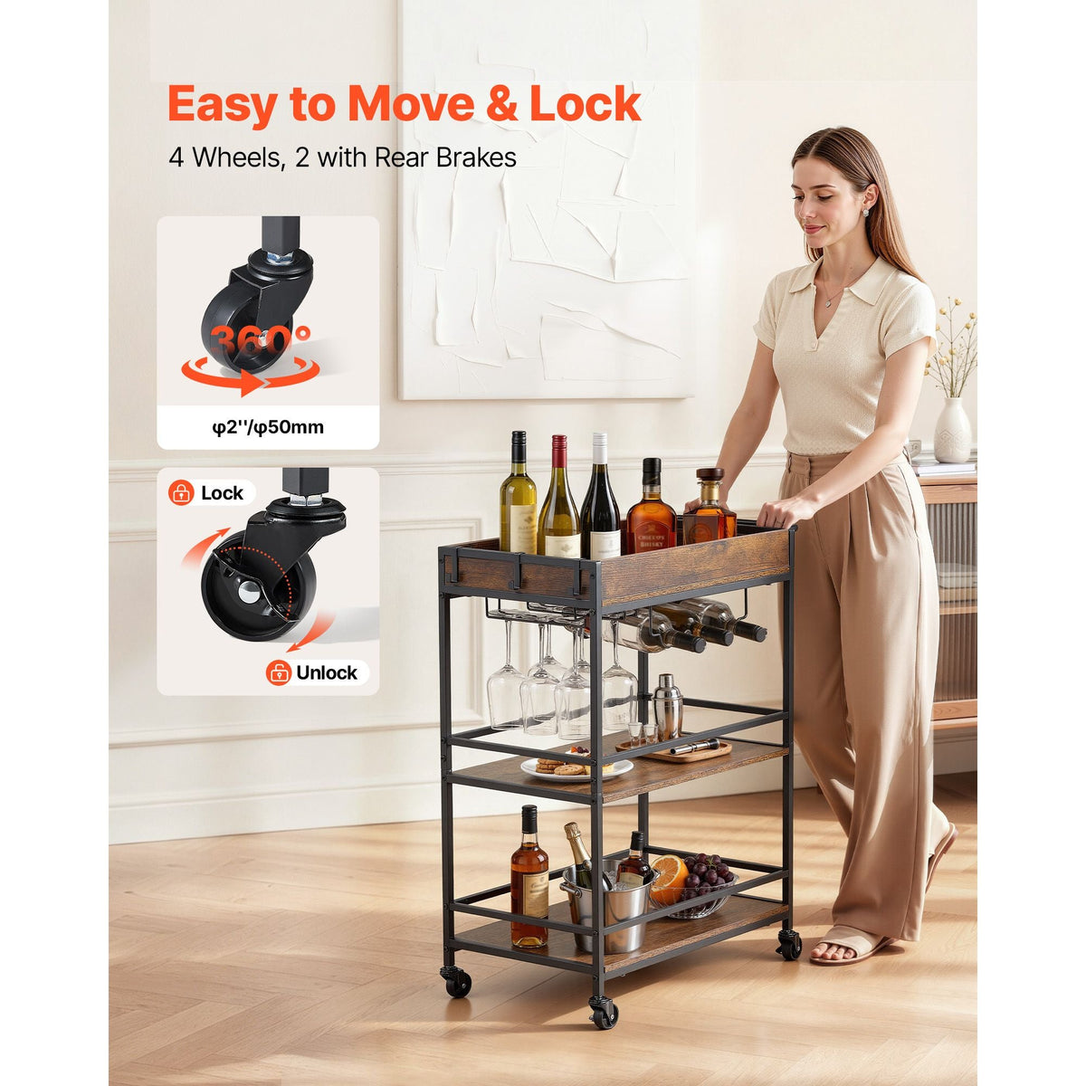 Bar Cart, 3 Tiers Home Kitchen Serving Carts, Industrial Rolling Utility Station on Wheel, Mobile Drink Beverage Shelf with Wine Rack & Glass Holder, 26.77x14.17x32.68 in, Rustic Brown and Black