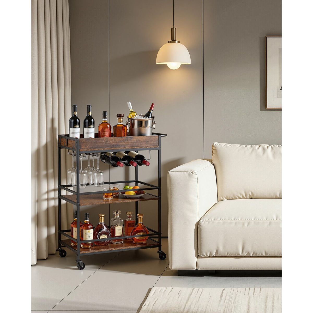 Bar Cart, 3 Tiers Home Kitchen Serving Carts, Industrial Rolling Utility Station on Wheel, Mobile Drink Beverage Shelf with Wine Rack & Glass Holder, 26.77x14.17x32.68 in, Rustic Brown and Black