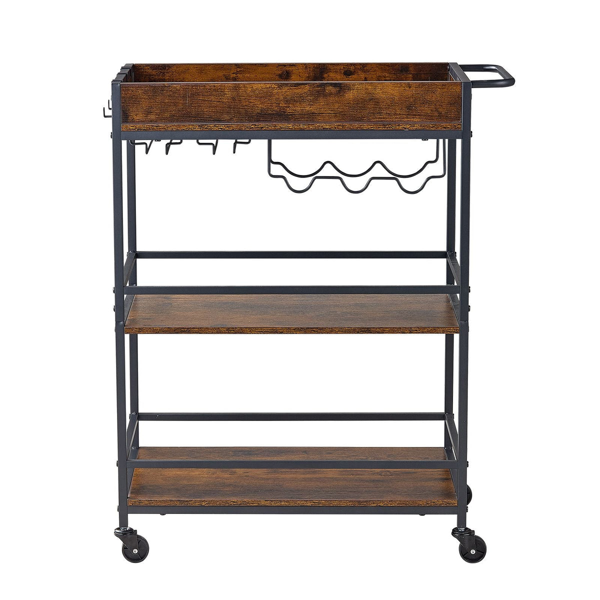 Bar Cart, 3 Tiers Home Kitchen Serving Carts, Industrial Rolling Utility Station on Wheel, Mobile Drink Beverage Shelf with Wine Rack & Glass Holder, 26.77x14.17x32.68 in, Rustic Brown and Black