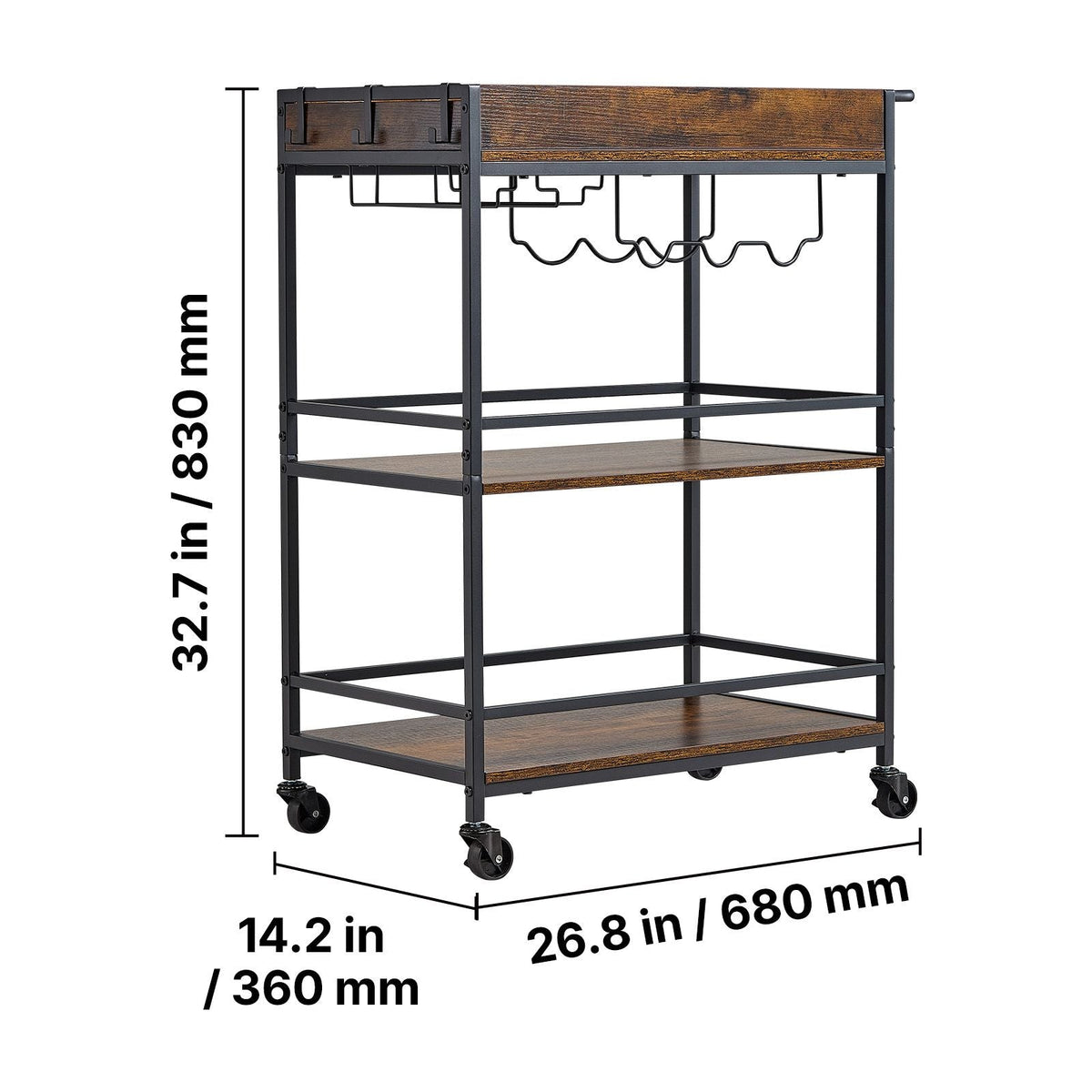 Bar Cart, 3 Tiers Home Kitchen Serving Carts, Industrial Rolling Utility Station on Wheel, Mobile Drink Beverage Shelf with Wine Rack & Glass Holder, 26.77x14.17x32.68 in, Rustic Brown and Black