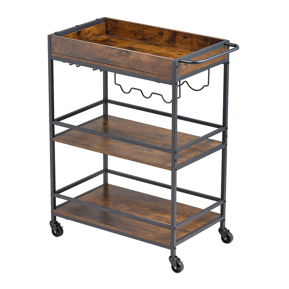 Bar Cart, 3 Tiers Home Kitchen Serving Carts, Industrial Rolling Utility Station on Wheel, Mobile Drink Beverage Shelf with Wine Rack & Glass Holder, 26.77x14.17x32.68 in, Rustic Brown and Black