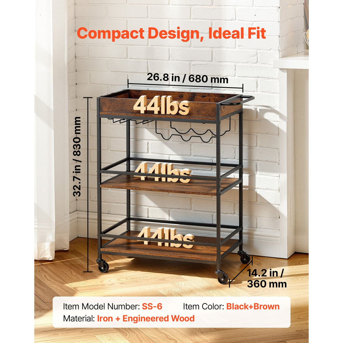 Bar Cart, 3 Tiers Home Kitchen Serving Carts, Industrial Rolling Utility Station on Wheel, Mobile Drink Beverage Shelf with Wine Rack & Glass Holder, 26.77x14.17x32.68 in, Rustic Brown and Black