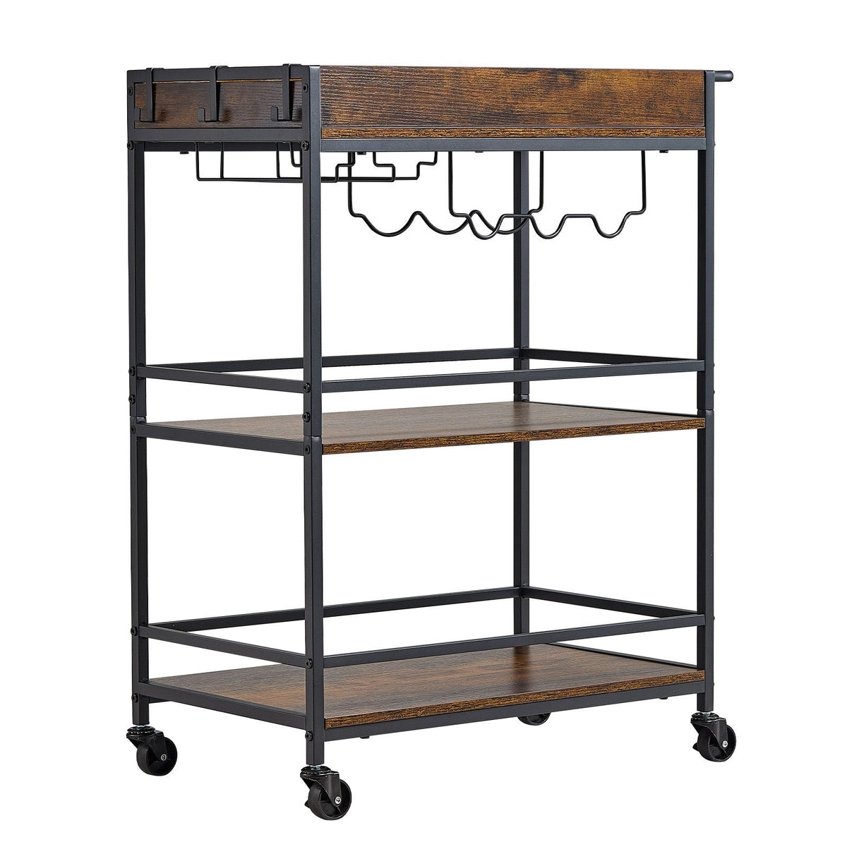 Bar Cart, 3 Tiers Home Kitchen Serving Carts, Industrial Rolling Utility Station on Wheel, Mobile Drink Beverage Shelf with Wine Rack & Glass Holder, 26.77x14.17x32.68 in, Rustic Brown and Black