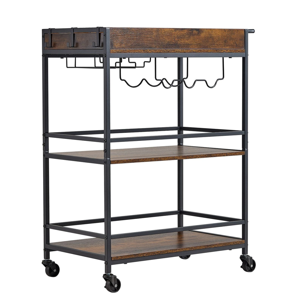Bar Cart, 3 Tiers Home Kitchen Serving Carts, Industrial Rolling Utility Station on Wheel, Mobile Drink Beverage Shelf with Wine Rack & Glass Holder, 26.77x14.17x32.68 in, Rustic Brown and Black