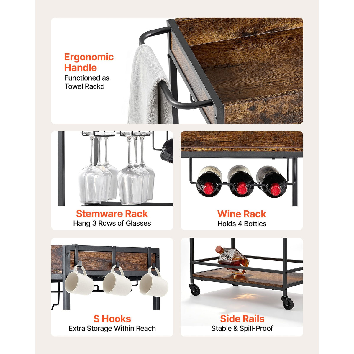 Bar Cart, 3 Tiers Home Kitchen Serving Carts, Industrial Rolling Utility Station on Wheel, Mobile Drink Beverage Shelf with Wine Rack & Glass Holder, 26.77x14.17x32.68 in, Rustic Brown and Black