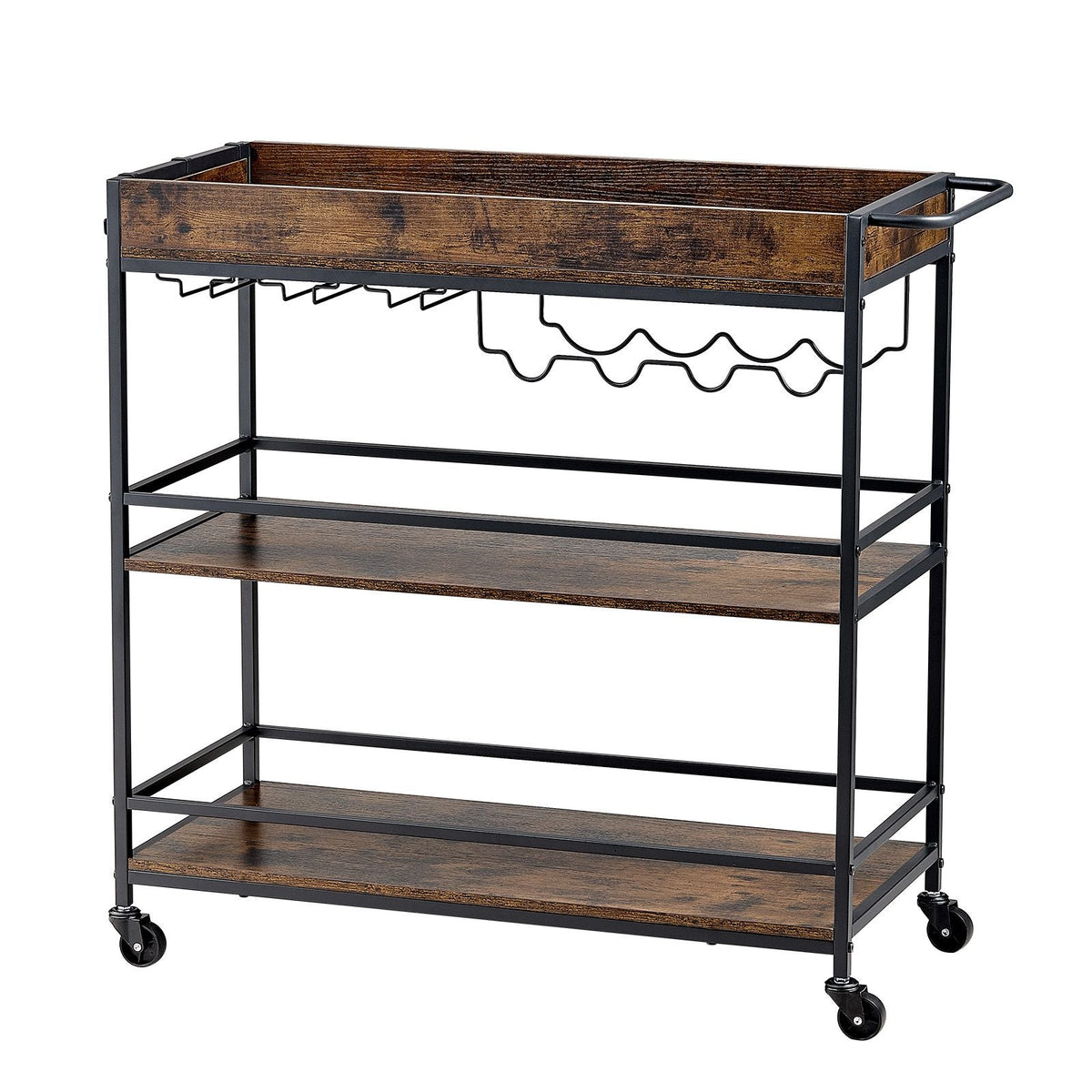 Bar Cart, 3 Tiers Home Kitchen Serving Carts, Industrial Rolling Utility Station on Wheel, Mobile Drink Beverage Shelf with Wine Rack & Glass Holder, 34.64x14.17x32.68 in, Rustic Brown and Black