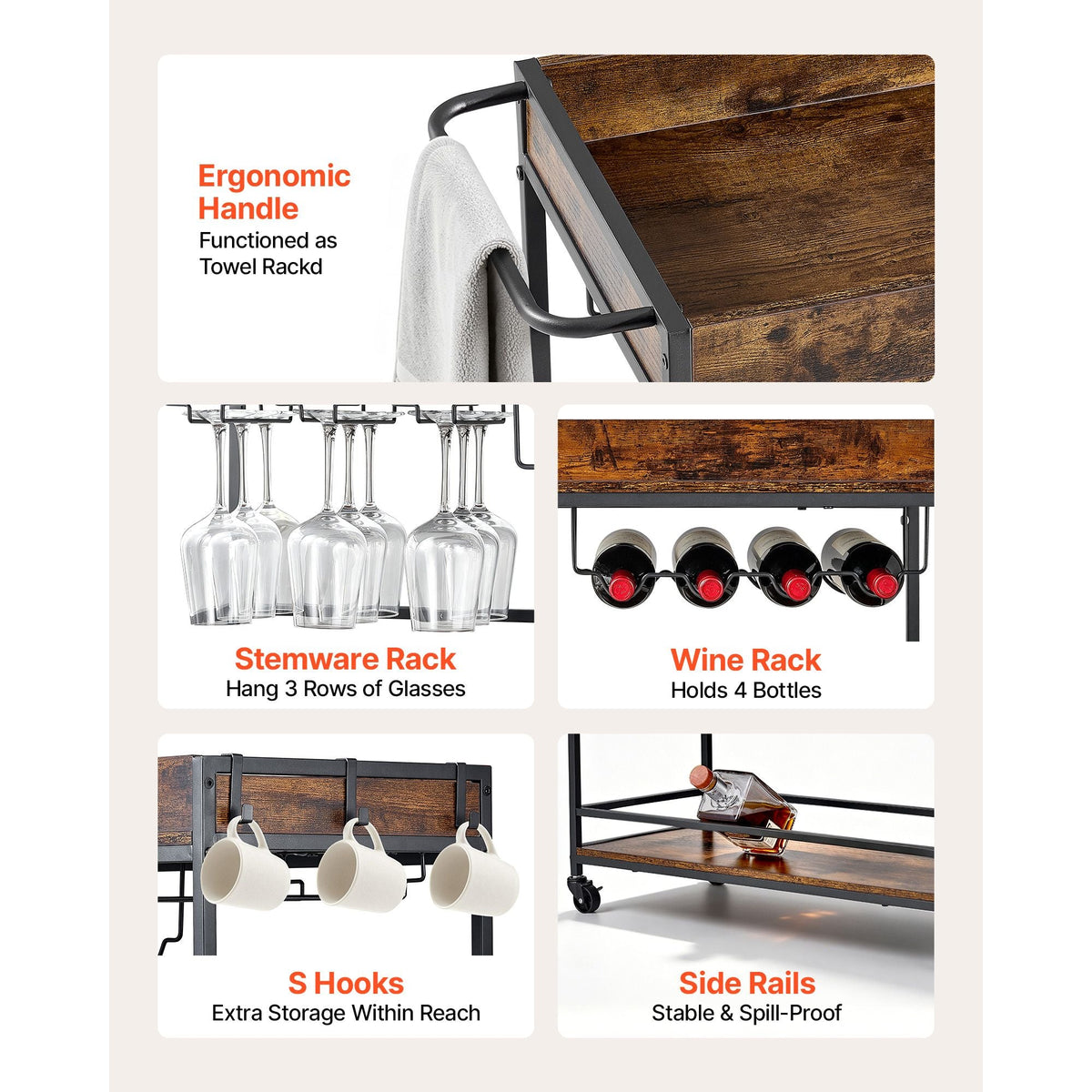 Bar Cart, 3 Tiers Home Kitchen Serving Carts, Industrial Rolling Utility Station on Wheel, Mobile Drink Beverage Shelf with Wine Rack & Glass Holder, 34.64x14.17x32.68 in, Rustic Brown and Black
