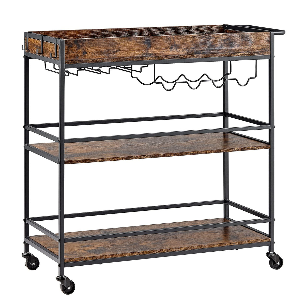 Bar Cart, 3 Tiers Home Kitchen Serving Carts, Industrial Rolling Utility Station on Wheel, Mobile Drink Beverage Shelf with Wine Rack & Glass Holder, 34.64x14.17x32.68 in, Rustic Brown and Black