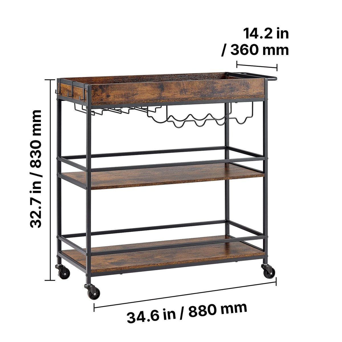 Bar Cart, 3 Tiers Home Kitchen Serving Carts, Industrial Rolling Utility Station on Wheel, Mobile Drink Beverage Shelf with Wine Rack & Glass Holder, 34.64x14.17x32.68 in, Rustic Brown and Black