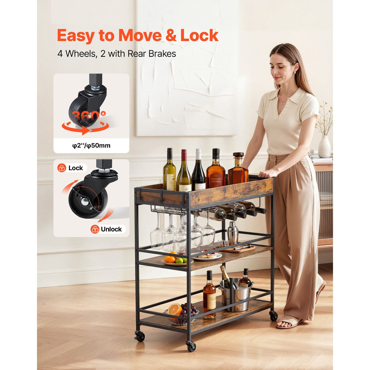 Bar Cart, 3 Tiers Home Kitchen Serving Carts, Industrial Rolling Utility Station on Wheel, Mobile Drink Beverage Shelf with Wine Rack & Glass Holder, 34.64x14.17x32.68 in, Rustic Brown and Black