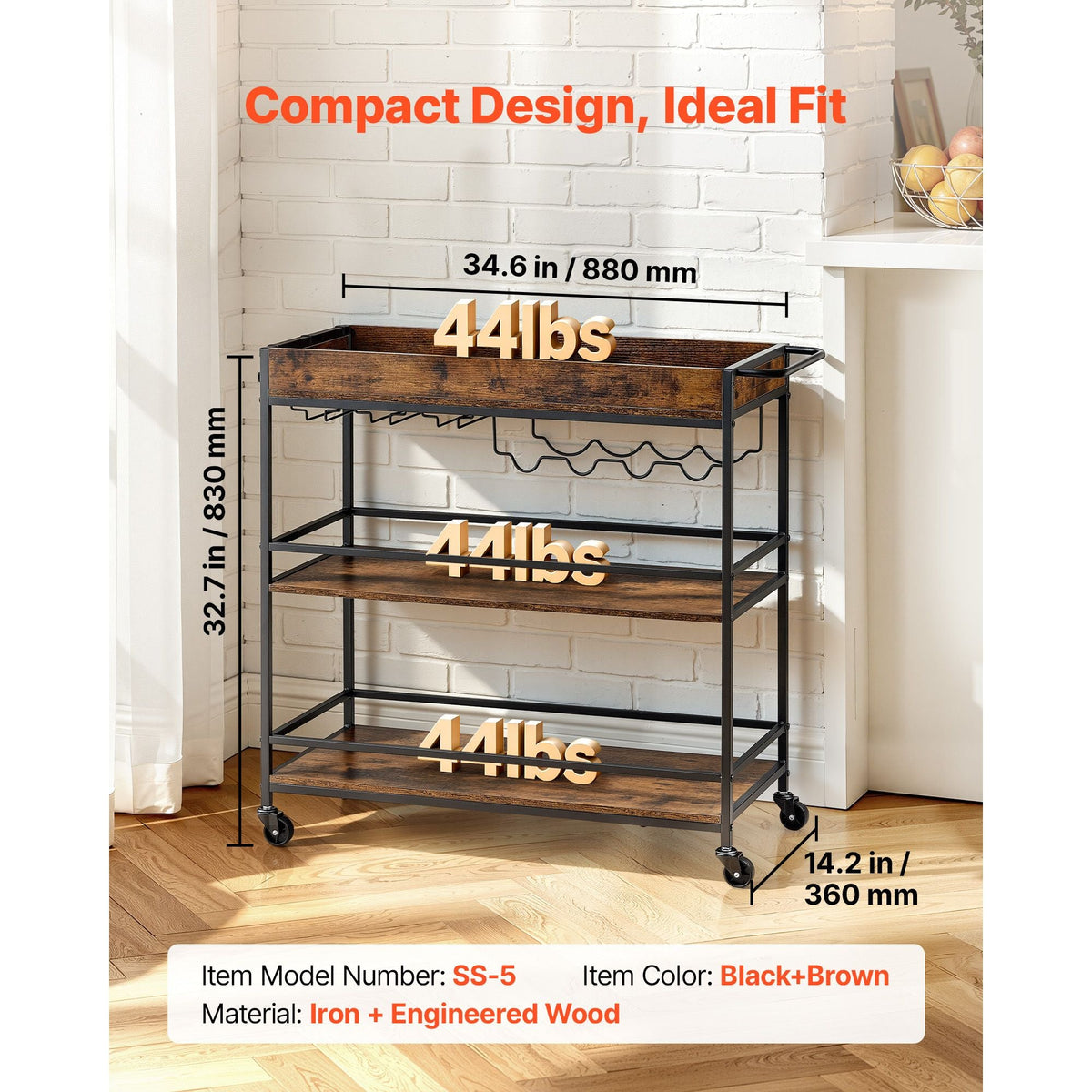 Bar Cart, 3 Tiers Home Kitchen Serving Carts, Industrial Rolling Utility Station on Wheel, Mobile Drink Beverage Shelf with Wine Rack & Glass Holder, 34.64x14.17x32.68 in, Rustic Brown and Black