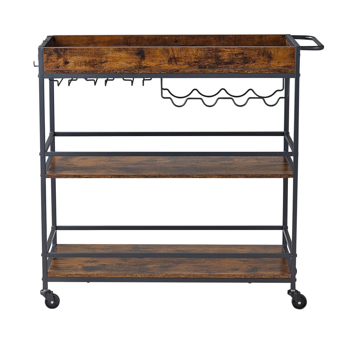 Bar Cart, 3 Tiers Home Kitchen Serving Carts, Industrial Rolling Utility Station on Wheel, Mobile Drink Beverage Shelf with Wine Rack & Glass Holder, 34.64x14.17x32.68 in, Rustic Brown and Black