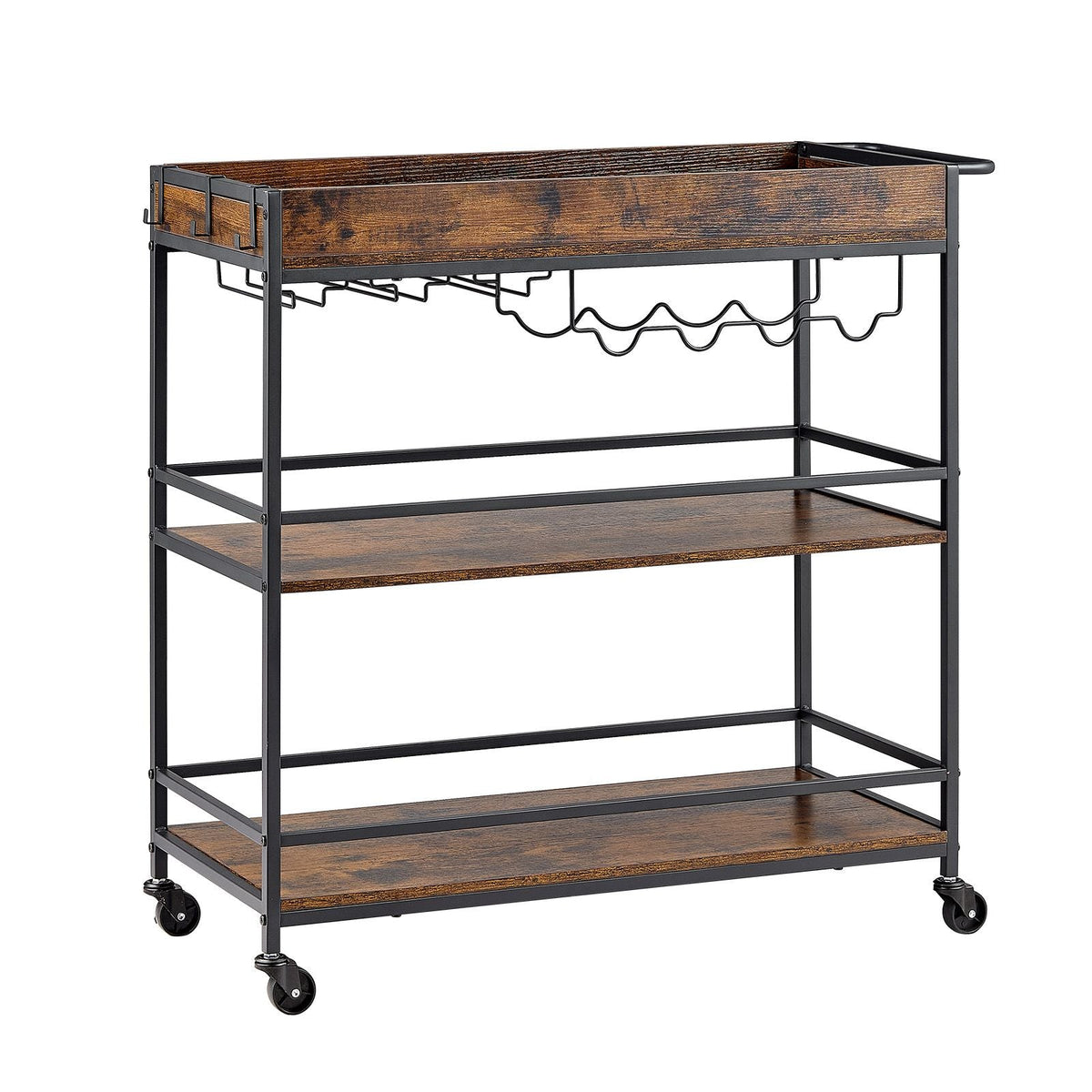 Bar Cart, 3 Tiers Home Kitchen Serving Carts, Industrial Rolling Utility Station on Wheel, Mobile Drink Beverage Shelf with Wine Rack & Glass Holder, 34.64x14.17x32.68 in, Rustic Brown and Black