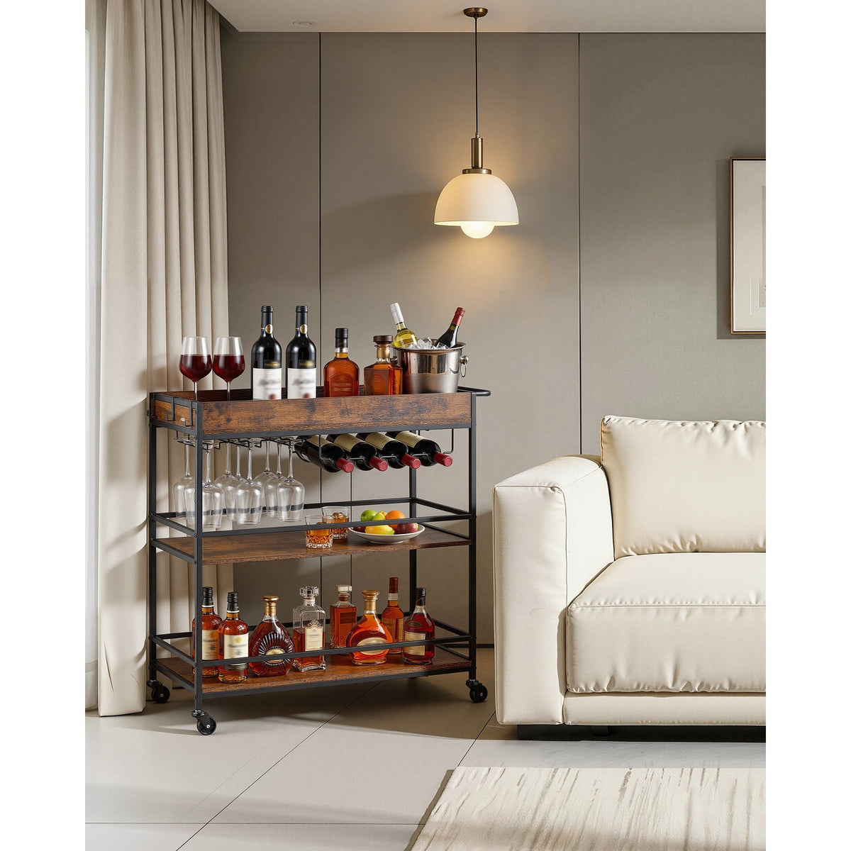 Bar Cart, 3 Tiers Home Kitchen Serving Carts, Industrial Rolling Utility Station on Wheel, Mobile Drink Beverage Shelf with Wine Rack & Glass Holder, 34.64x14.17x32.68 in, Rustic Brown and Black