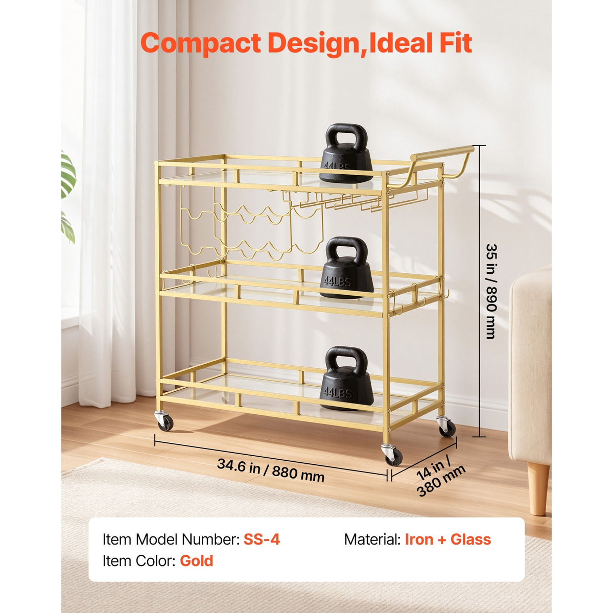 Bar Cart, 3 Tiers Home Kitchen Serving Carts, Modern Rolling Utility Station on Wheels, Drink Beverage Trolley with Tempered Glass Shelves, Wine Rack, Glass Holder, for Living Dining Room, Gold