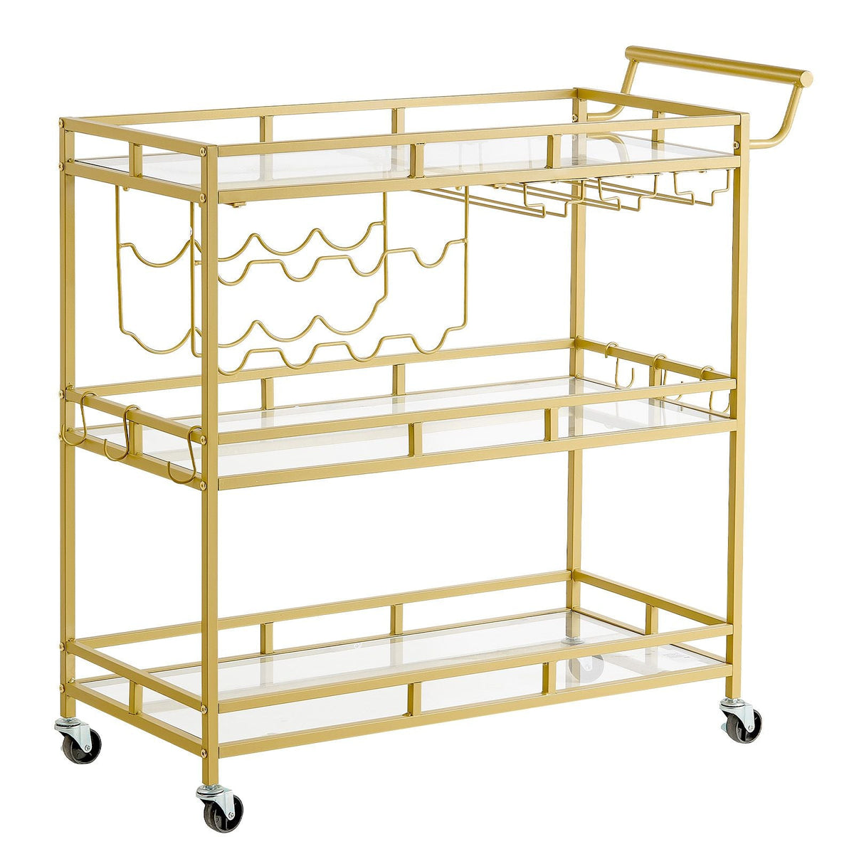 Bar Cart, 3 Tiers Home Kitchen Serving Carts, Modern Rolling Utility Station on Wheels, Drink Beverage Trolley with Tempered Glass Shelves, Wine Rack, Glass Holder, for Living Dining Room, Gold