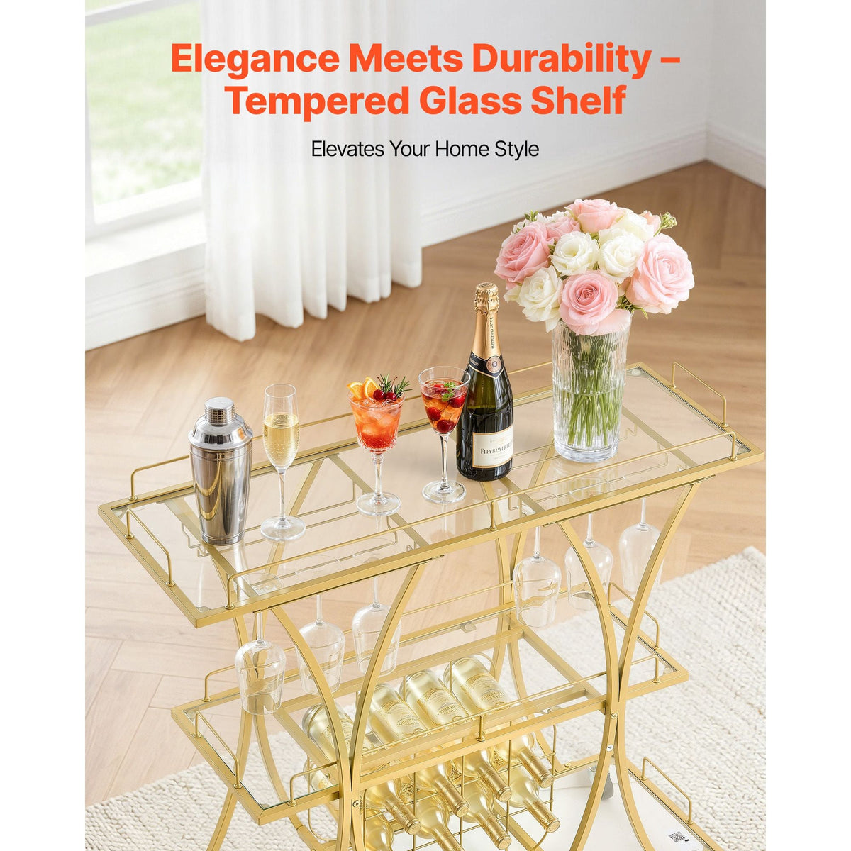 Bar Cart, 3 Tiers Home Kitchen Serving Carts, Modern Rolling Utility Station on Wheels, Drink Beverage Trolley with Tempered Glass Shelves, Wine Rack, Glass Holder, for Living Dining Room, Gold