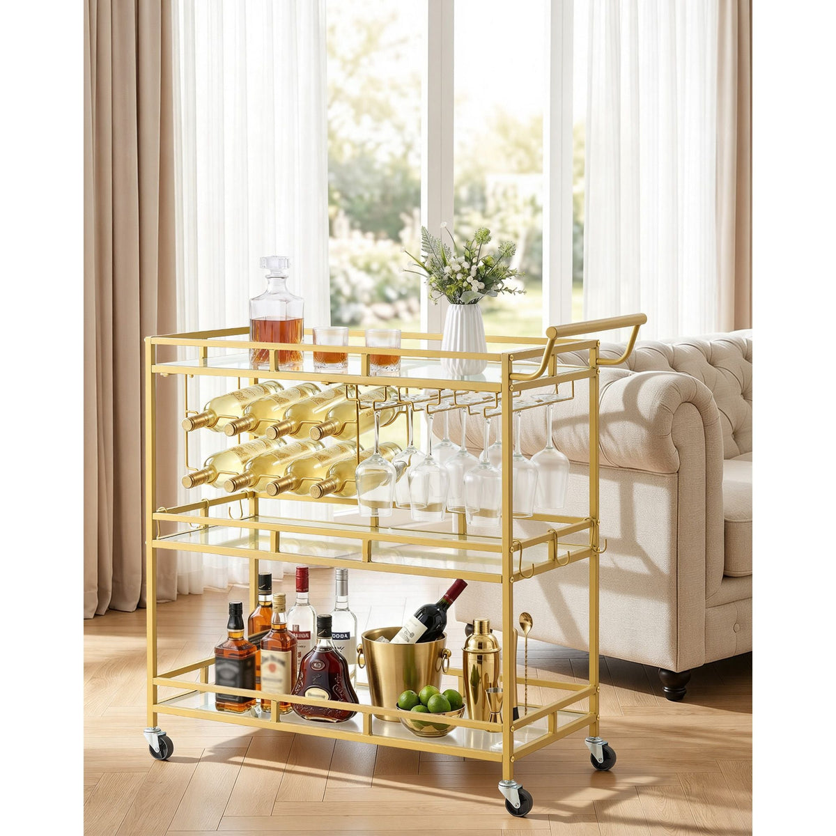 Bar Cart, 3 Tiers Home Kitchen Serving Carts, Modern Rolling Utility Station on Wheels, Drink Beverage Trolley with Tempered Glass Shelves, Wine Rack, Glass Holder, for Living Dining Room, Gold