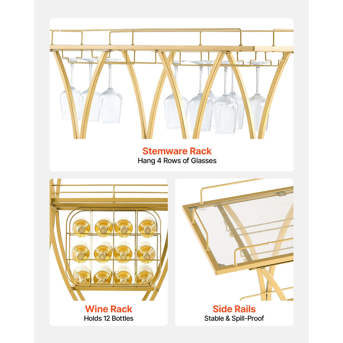 Bar Cart, 3 Tiers Home Kitchen Serving Carts, Modern Rolling Utility Station on Wheels, Drink Beverage Trolley with Tempered Glass Shelves, Wine Rack, Glass Holder, for Living Dining Room, Gold