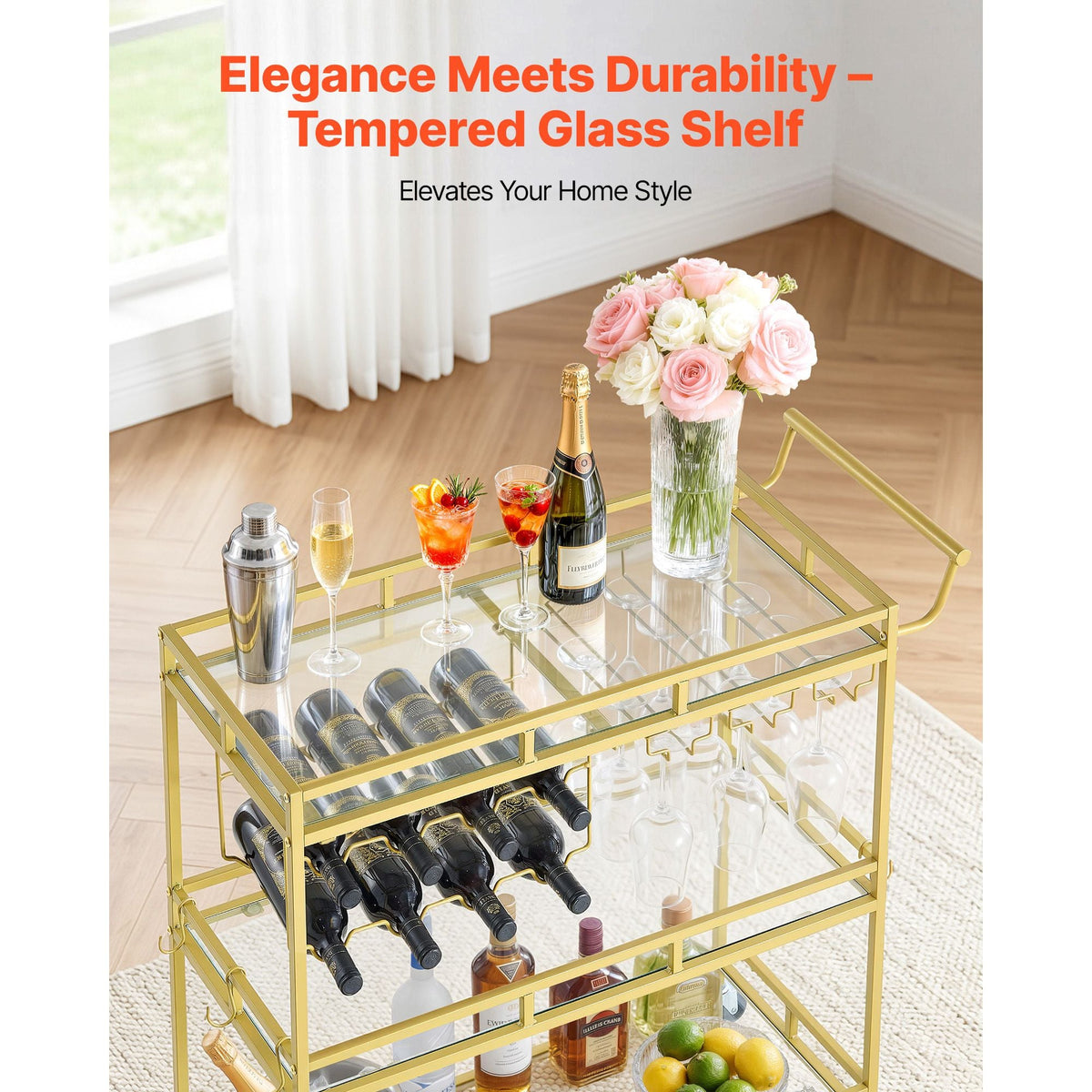Bar Cart, 3 Tiers Home Kitchen Serving Carts, Modern Rolling Utility Station on Wheels, Drink Beverage Trolley with Tempered Glass Shelves, Wine Rack, Glass Holder, for Living Dining Room, Gold