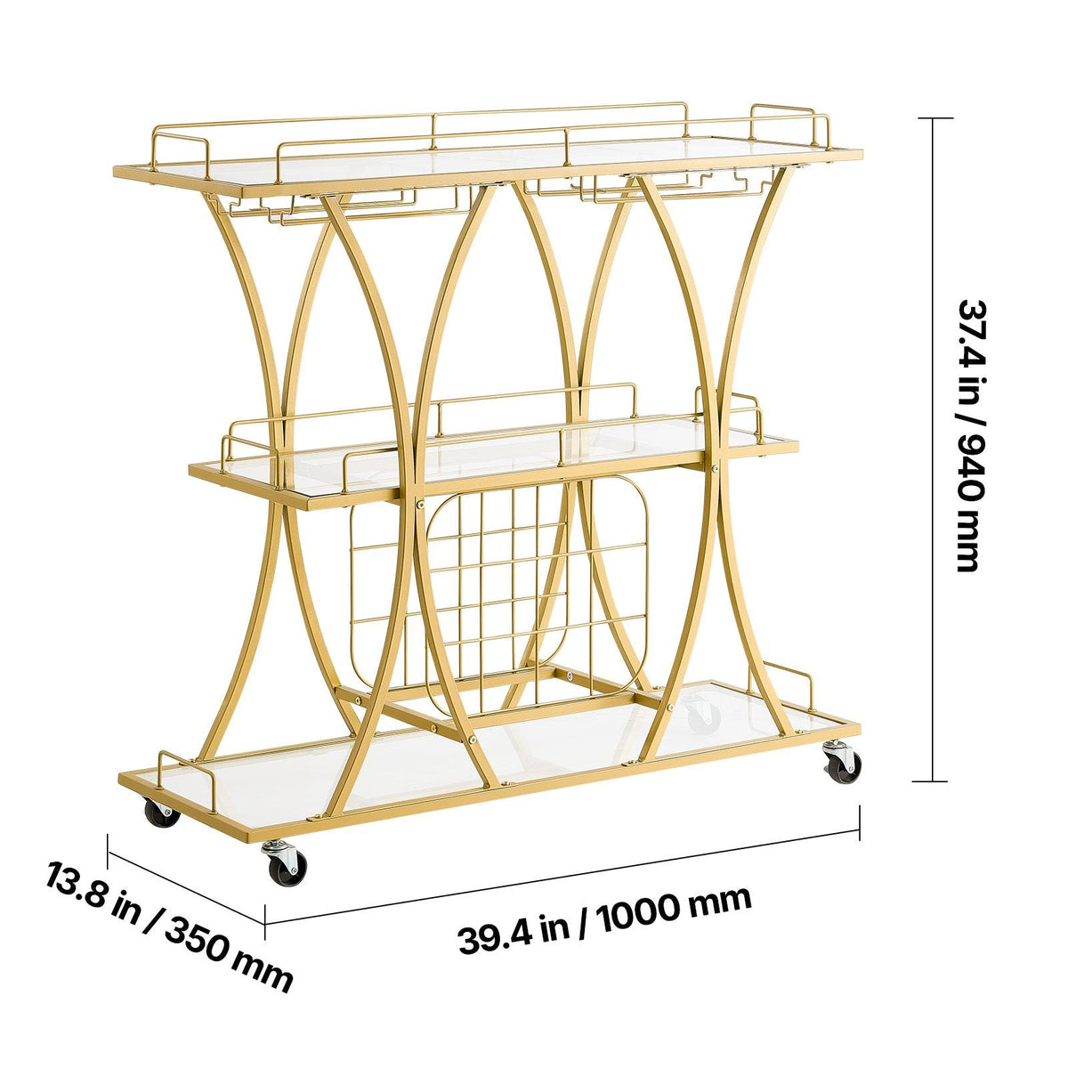 Bar Cart, 3 Tiers Home Kitchen Serving Carts, Modern Rolling Utility Station on Wheels, Drink Beverage Trolley with Tempered Glass Shelves, Wine Rack, Glass Holder, for Living Dining Room, Gold