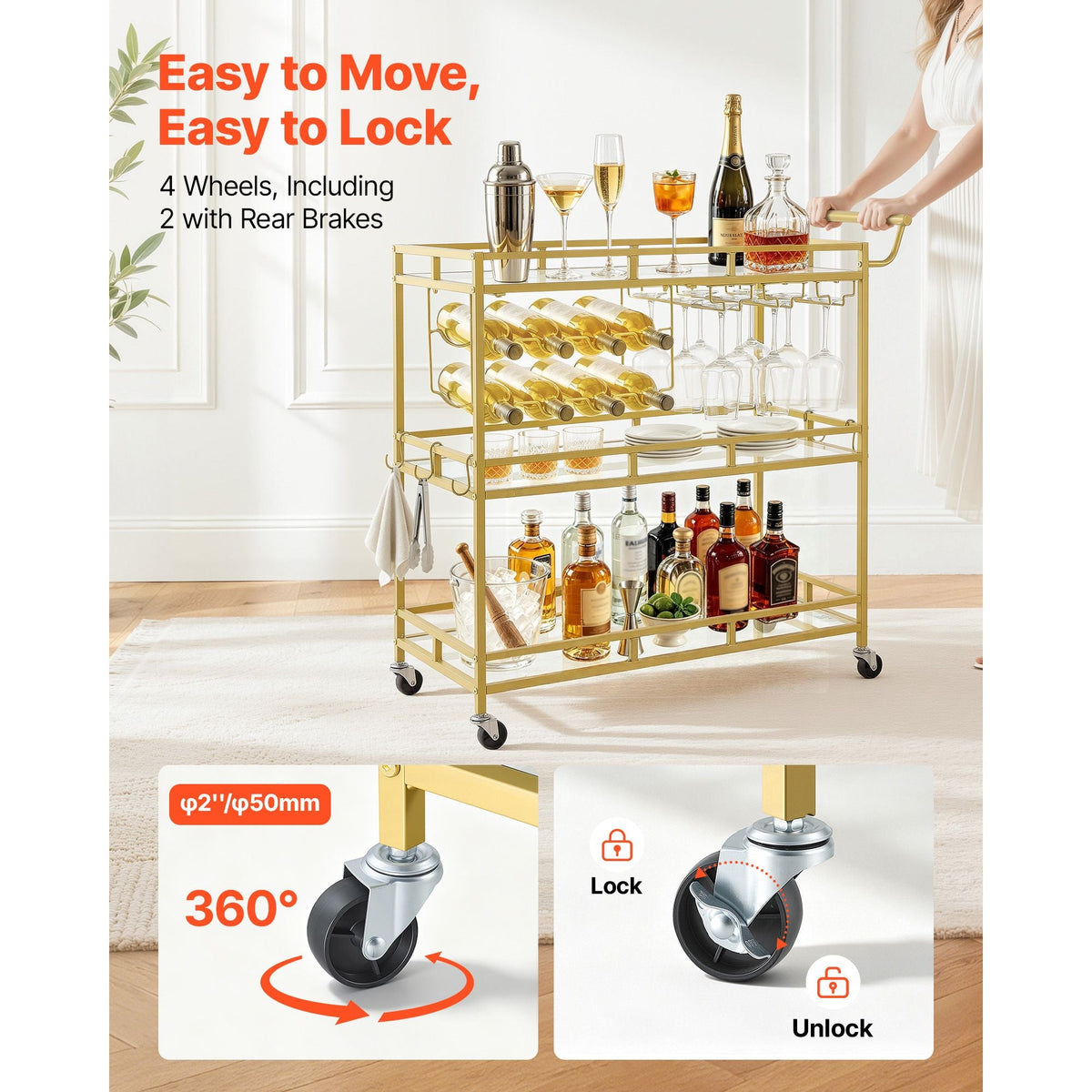 Bar Cart, 3 Tiers Home Kitchen Serving Carts, Modern Rolling Utility Station on Wheels, Drink Beverage Trolley with Tempered Glass Shelves, Wine Rack, Glass Holder, for Living Dining Room, Gold