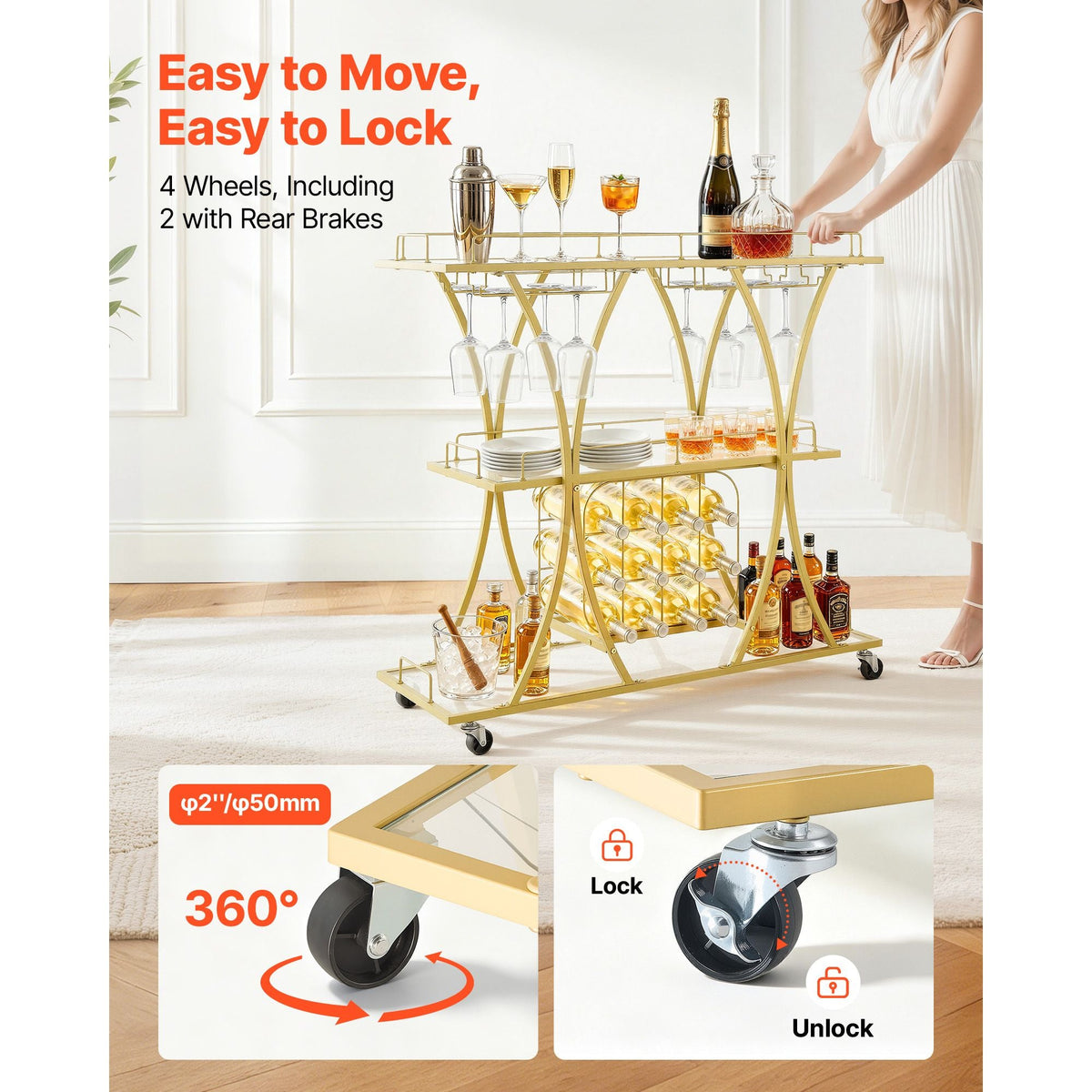 Bar Cart, 3 Tiers Home Kitchen Serving Carts, Modern Rolling Utility Station on Wheels, Drink Beverage Trolley with Tempered Glass Shelves, Wine Rack, Glass Holder, for Living Dining Room, Gold