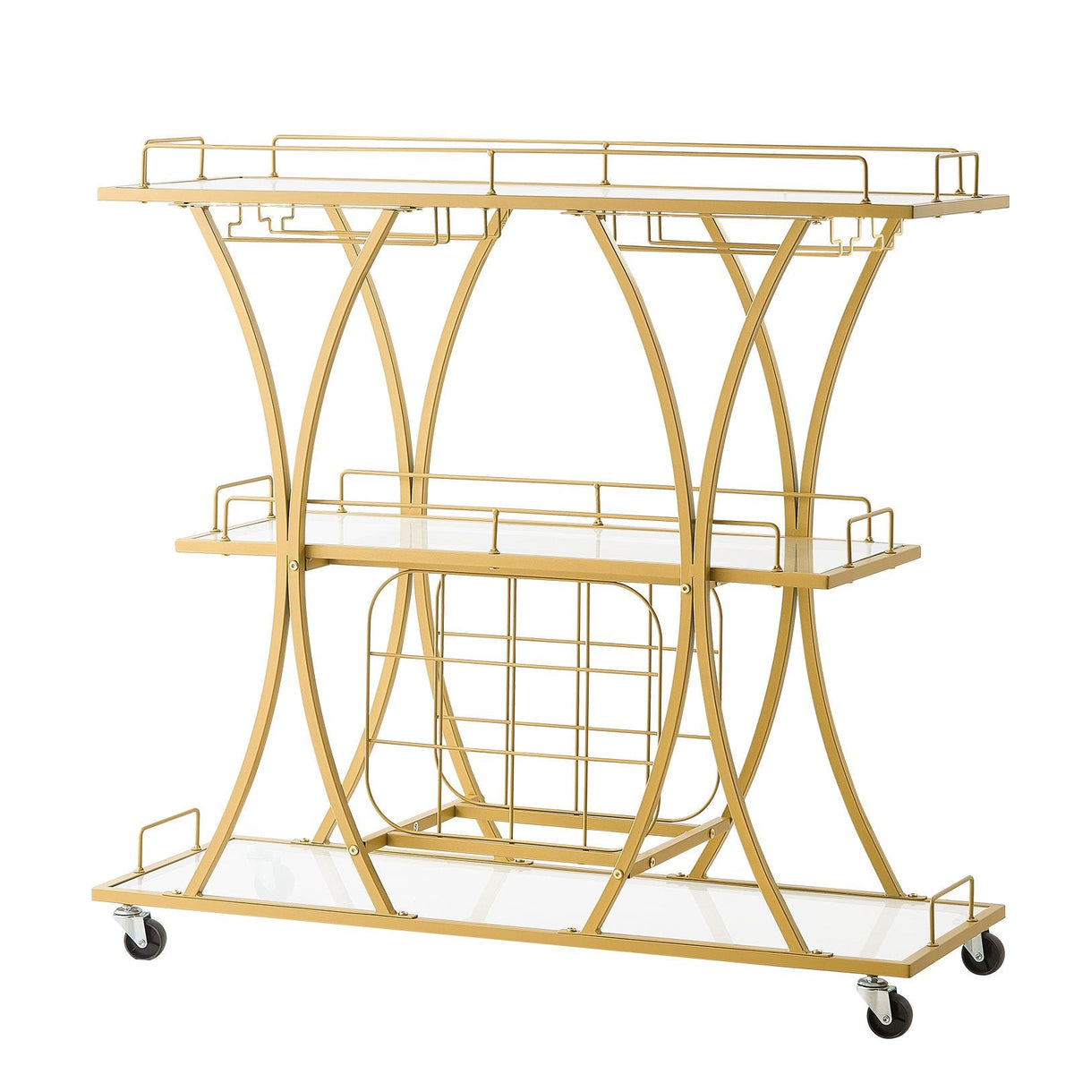 Bar Cart, 3 Tiers Home Kitchen Serving Carts, Modern Rolling Utility Station on Wheels, Drink Beverage Trolley with Tempered Glass Shelves, Wine Rack, Glass Holder, for Living Dining Room, Gold