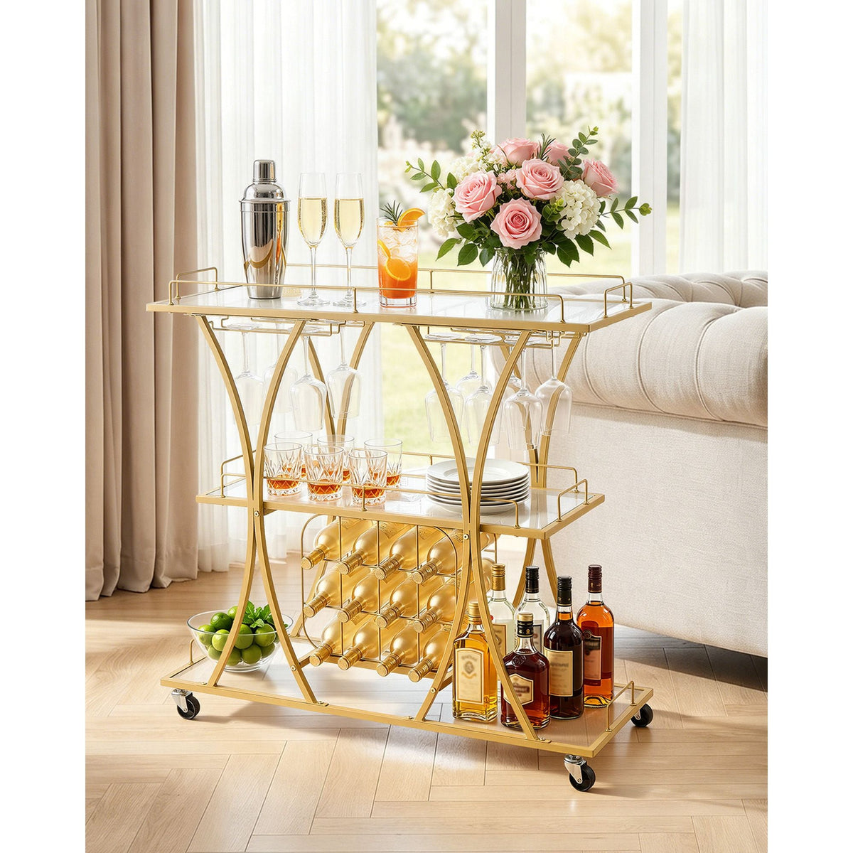 Bar Cart, 3 Tiers Home Kitchen Serving Carts, Modern Rolling Utility Station on Wheels, Drink Beverage Trolley with Tempered Glass Shelves, Wine Rack, Glass Holder, for Living Dining Room, Gold