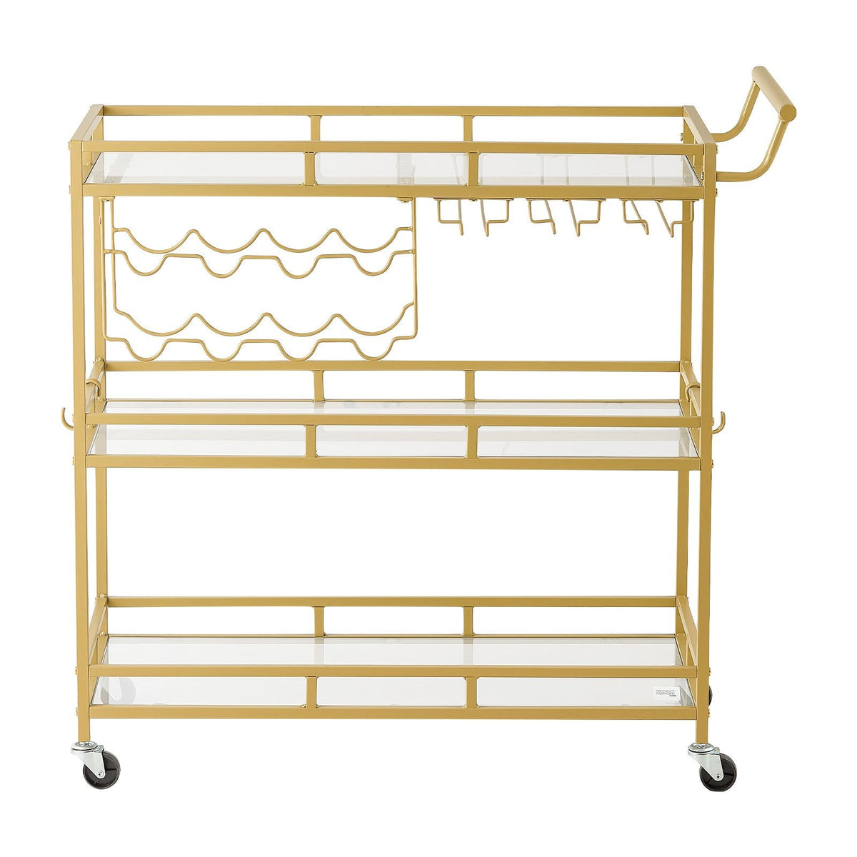 Bar Cart, 3 Tiers Home Kitchen Serving Carts, Modern Rolling Utility Station on Wheels, Drink Beverage Trolley with Tempered Glass Shelves, Wine Rack, Glass Holder, for Living Dining Room, Gold