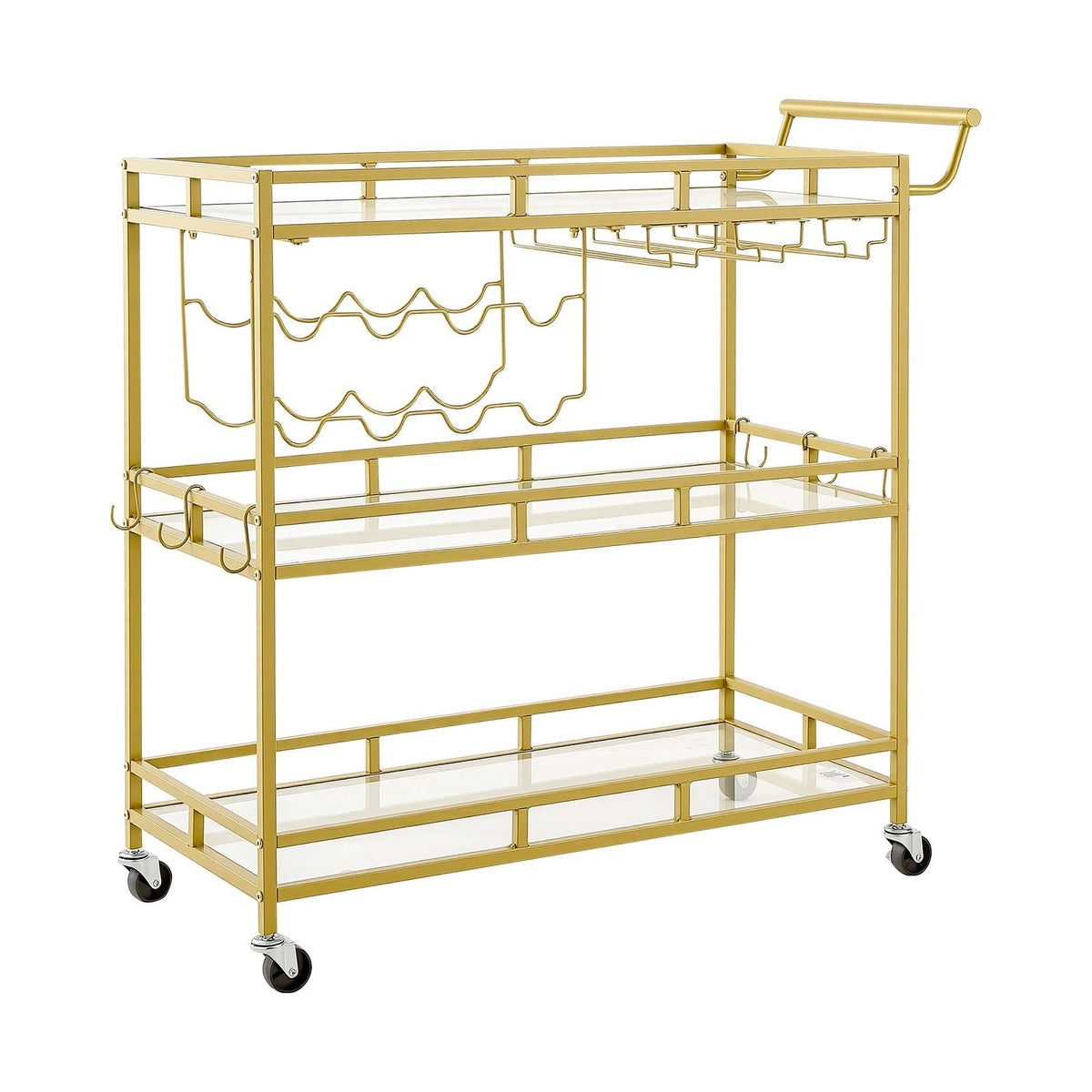 Bar Cart, 3 Tiers Home Kitchen Serving Carts, Modern Rolling Utility Station on Wheels, Drink Beverage Trolley with Tempered Glass Shelves, Wine Rack, Glass Holder, for Living Dining Room, Gold