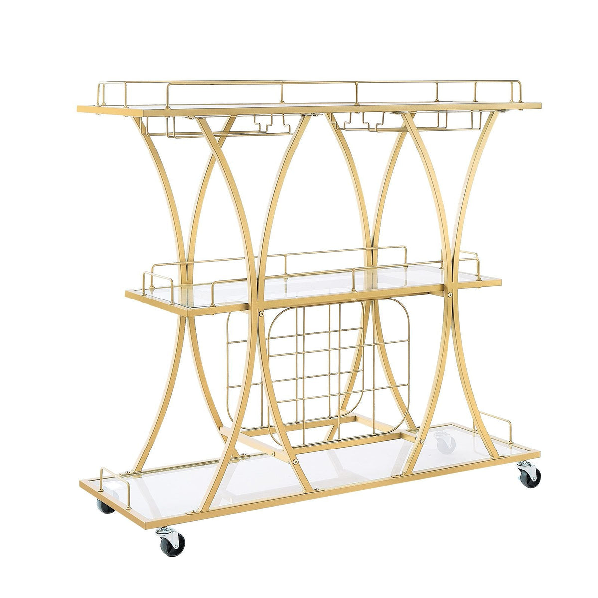 Bar Cart, 3 Tiers Home Kitchen Serving Carts, Modern Rolling Utility Station on Wheels, Drink Beverage Trolley with Tempered Glass Shelves, Wine Rack, Glass Holder, for Living Dining Room, Gold