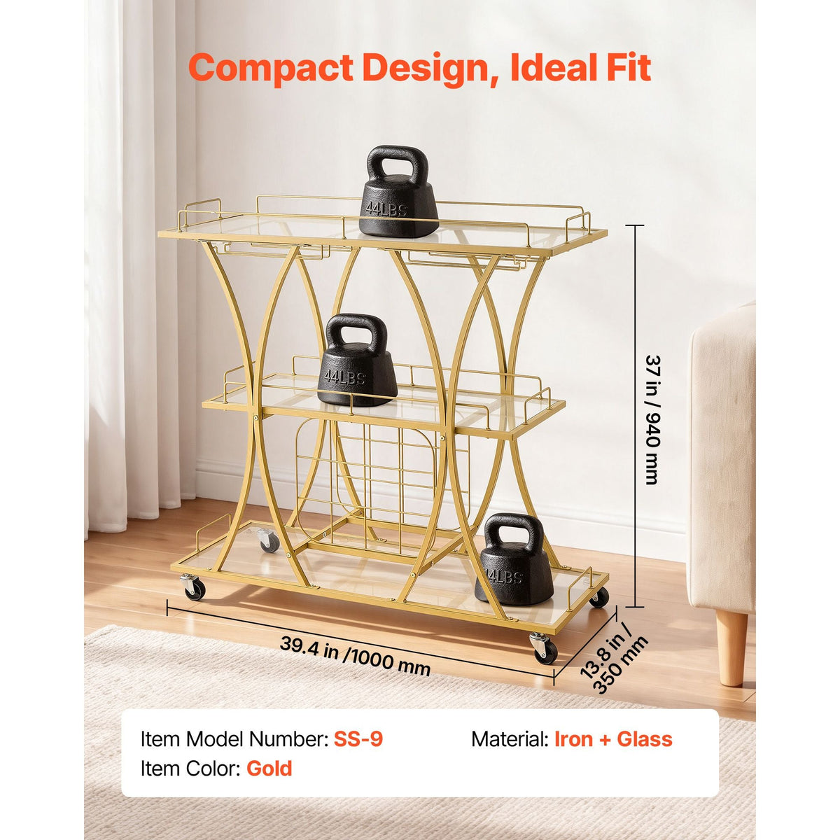 Bar Cart, 3 Tiers Home Kitchen Serving Carts, Modern Rolling Utility Station on Wheels, Drink Beverage Trolley with Tempered Glass Shelves, Wine Rack, Glass Holder, for Living Dining Room, Gold