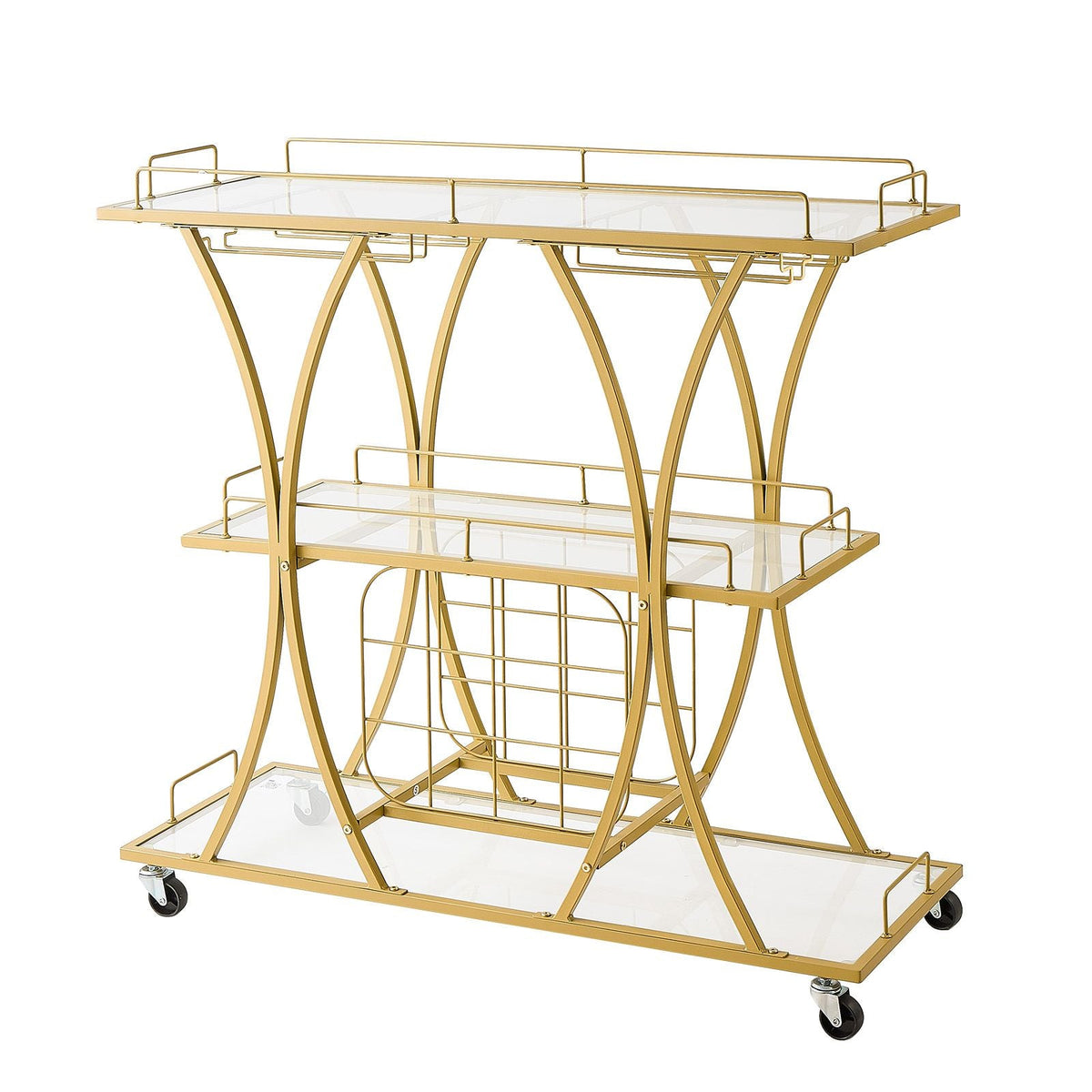 Bar Cart, 3 Tiers Home Kitchen Serving Carts, Modern Rolling Utility Station on Wheels, Drink Beverage Trolley with Tempered Glass Shelves, Wine Rack, Glass Holder, for Living Dining Room, Gold