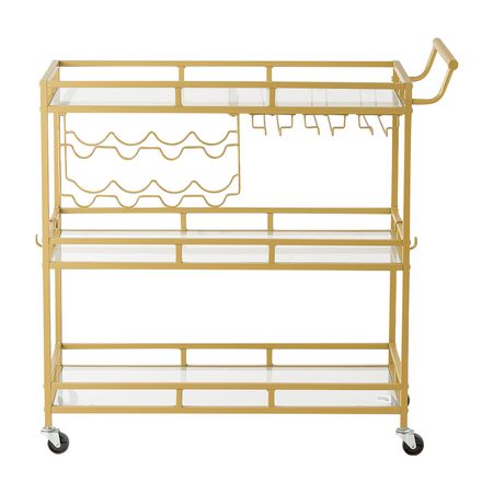Bar Cart, 3 Tiers Home Kitchen Serving Carts, Modern Rolling Utility Station on Wheels, Drink Beverage Trolley with Tempered Glass Shelves, Wine Rack, Glass Holder, for Living Dining Room, Gold