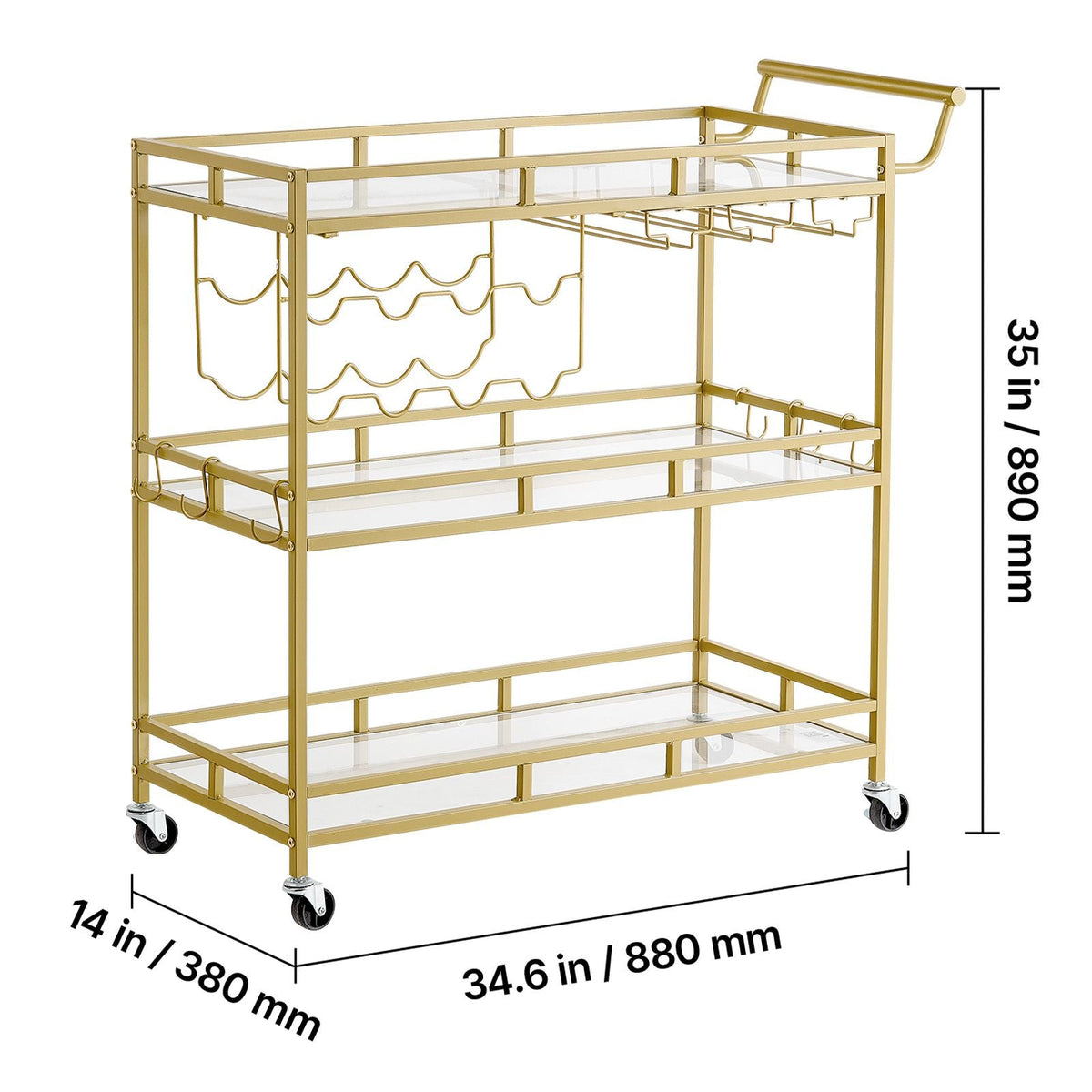 Bar Cart, 3 Tiers Home Kitchen Serving Carts, Modern Rolling Utility Station on Wheels, Drink Beverage Trolley with Tempered Glass Shelves, Wine Rack, Glass Holder, for Living Dining Room, Gold