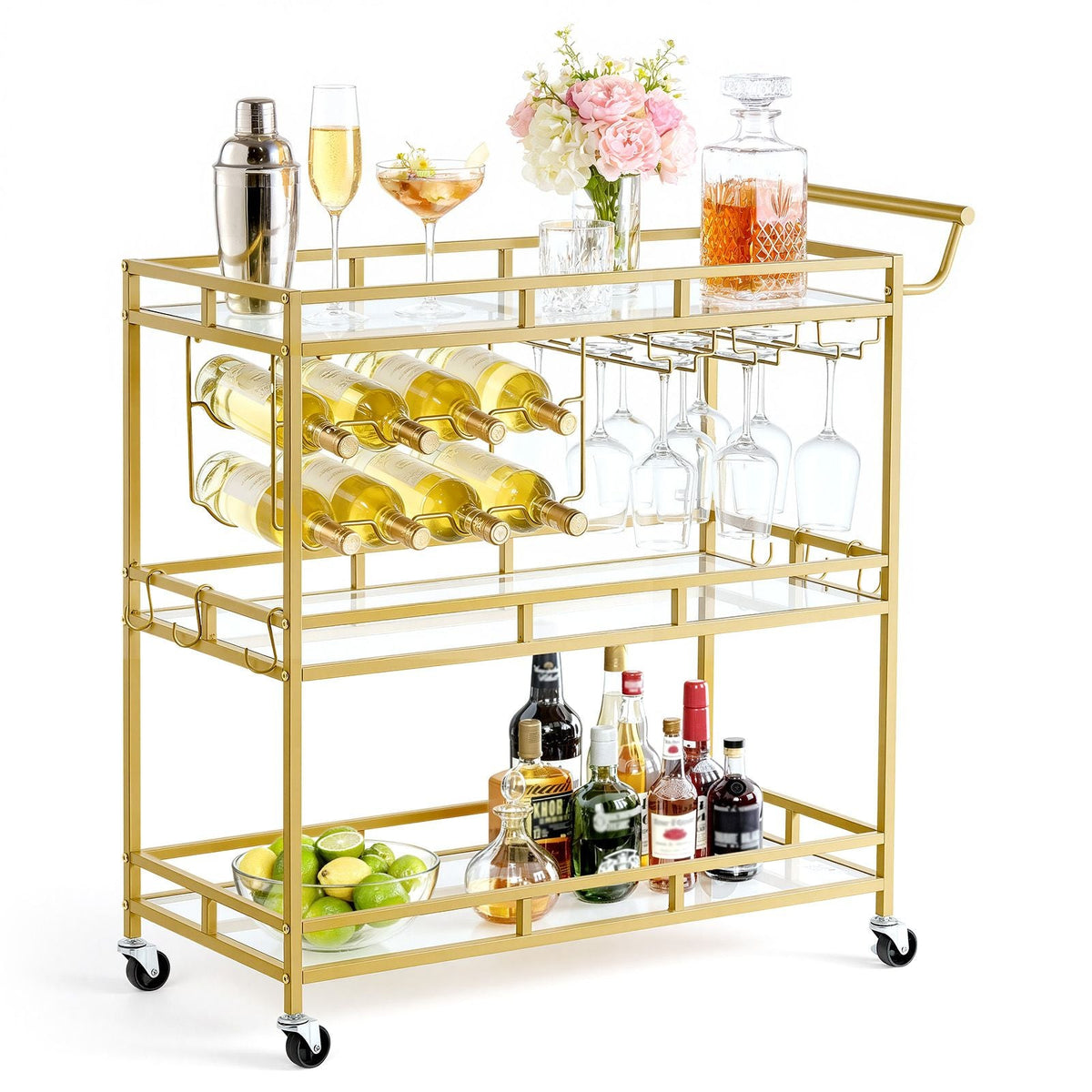 Bar Cart, 3 Tiers Home Kitchen Serving Carts, Modern Rolling Utility Station on Wheels, Drink Beverage Trolley with Tempered Glass Shelves, Wine Rack, Glass Holder, for Living Dining Room, Gold