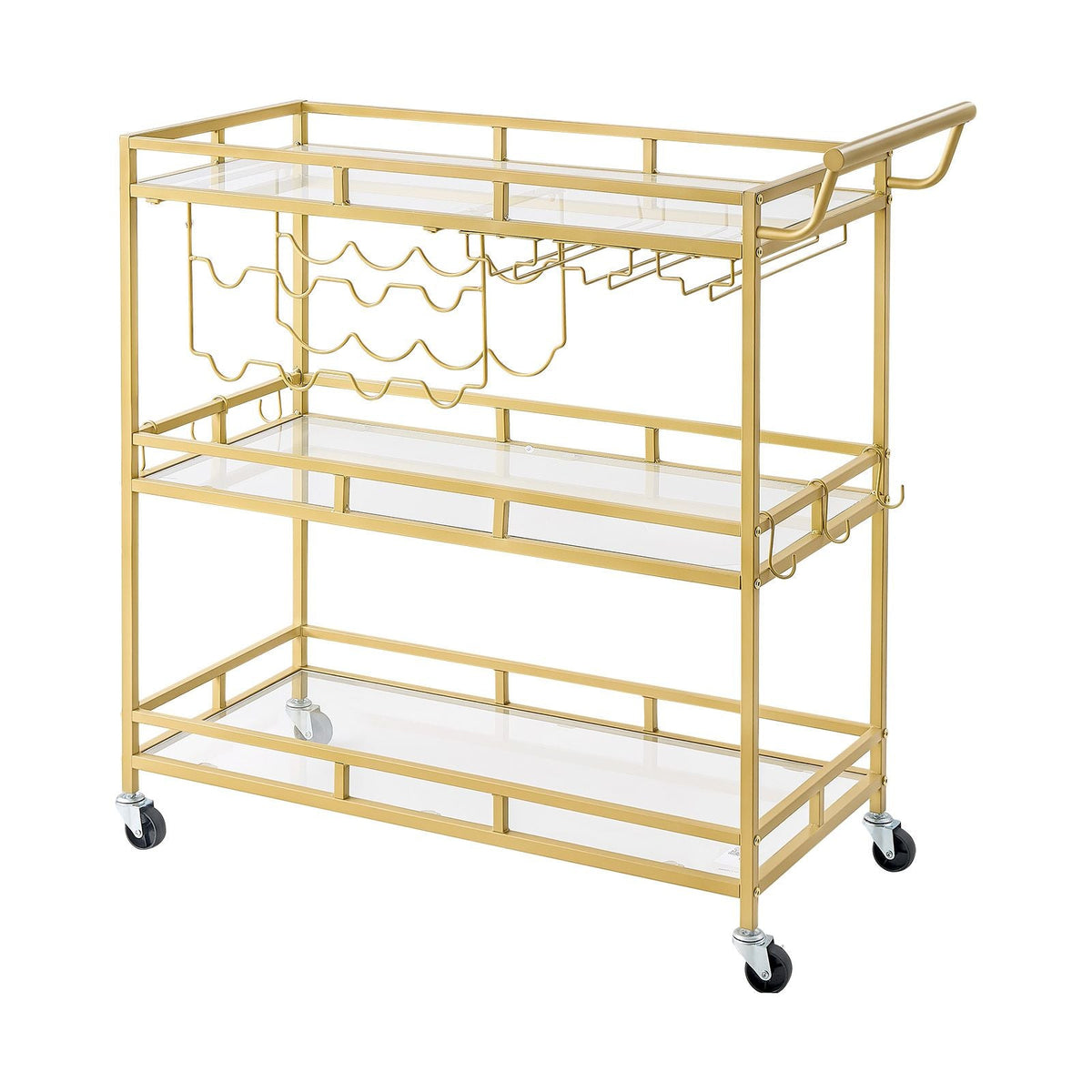 Bar Cart, 3 Tiers Home Kitchen Serving Carts, Modern Rolling Utility Station on Wheels, Drink Beverage Trolley with Tempered Glass Shelves, Wine Rack, Glass Holder, for Living Dining Room, Gold