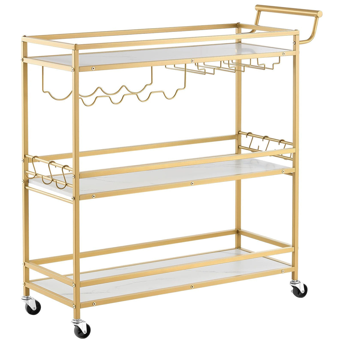 Bar Cart, 3 Tiers Home Kitchen Serving Carts, Modern Rolling Utility Station on Wheels, Mobile Drink Beverage Trolley with Wooden Shelf, Wine Rack, and Glass Holder, 35.83x12.99x36.81 in, Gold