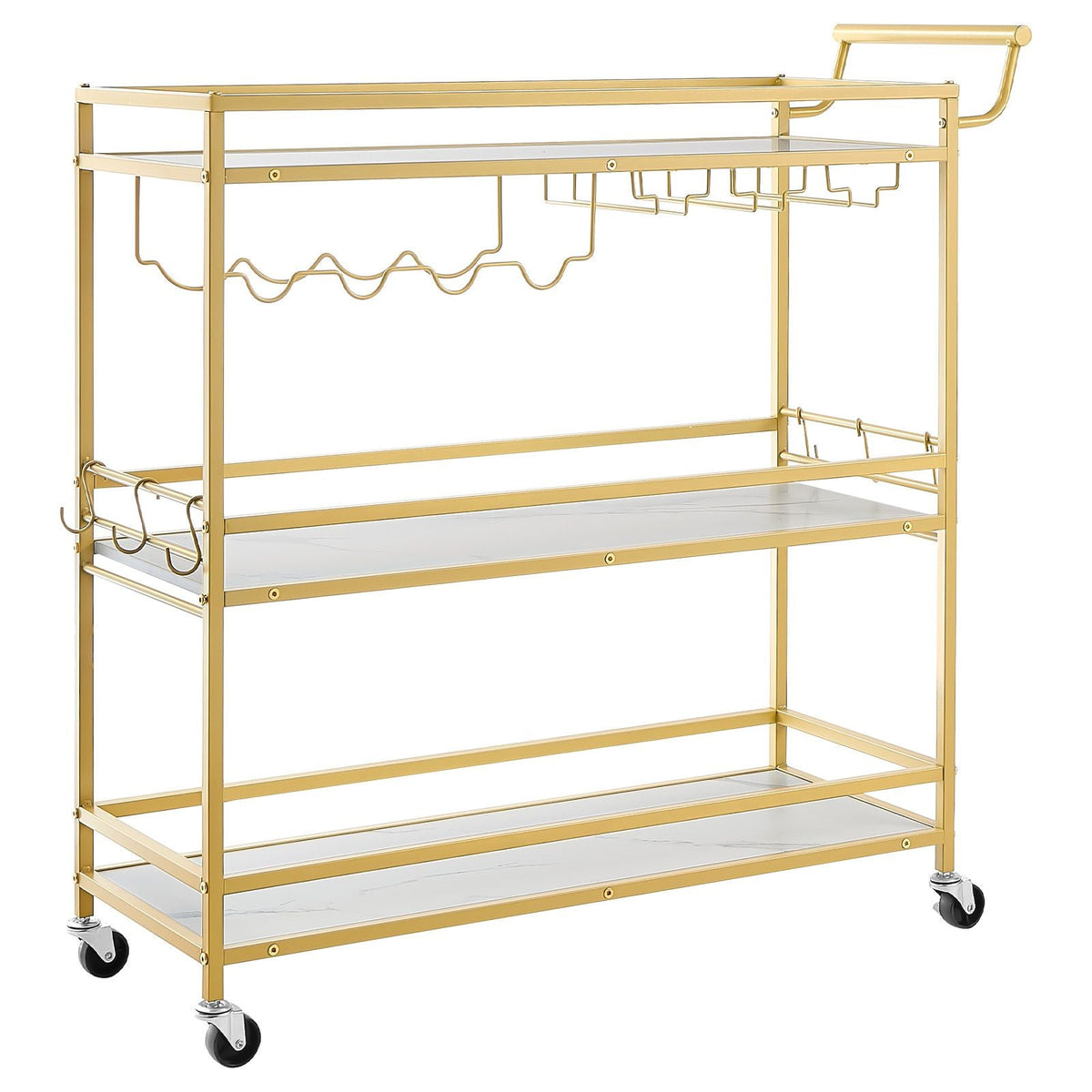 Bar Cart, 3 Tiers Home Kitchen Serving Carts, Modern Rolling Utility Station on Wheels, Mobile Drink Beverage Trolley with Wooden Shelf, Wine Rack, and Glass Holder, 35.83x12.99x36.81 in, Gold