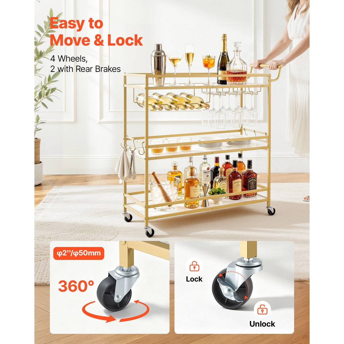 Bar Cart, 3 Tiers Home Kitchen Serving Carts, Modern Rolling Utility Station on Wheels, Mobile Drink Beverage Trolley with Wooden Shelf, Wine Rack, and Glass Holder, 35.83x12.99x36.81 in, Gold