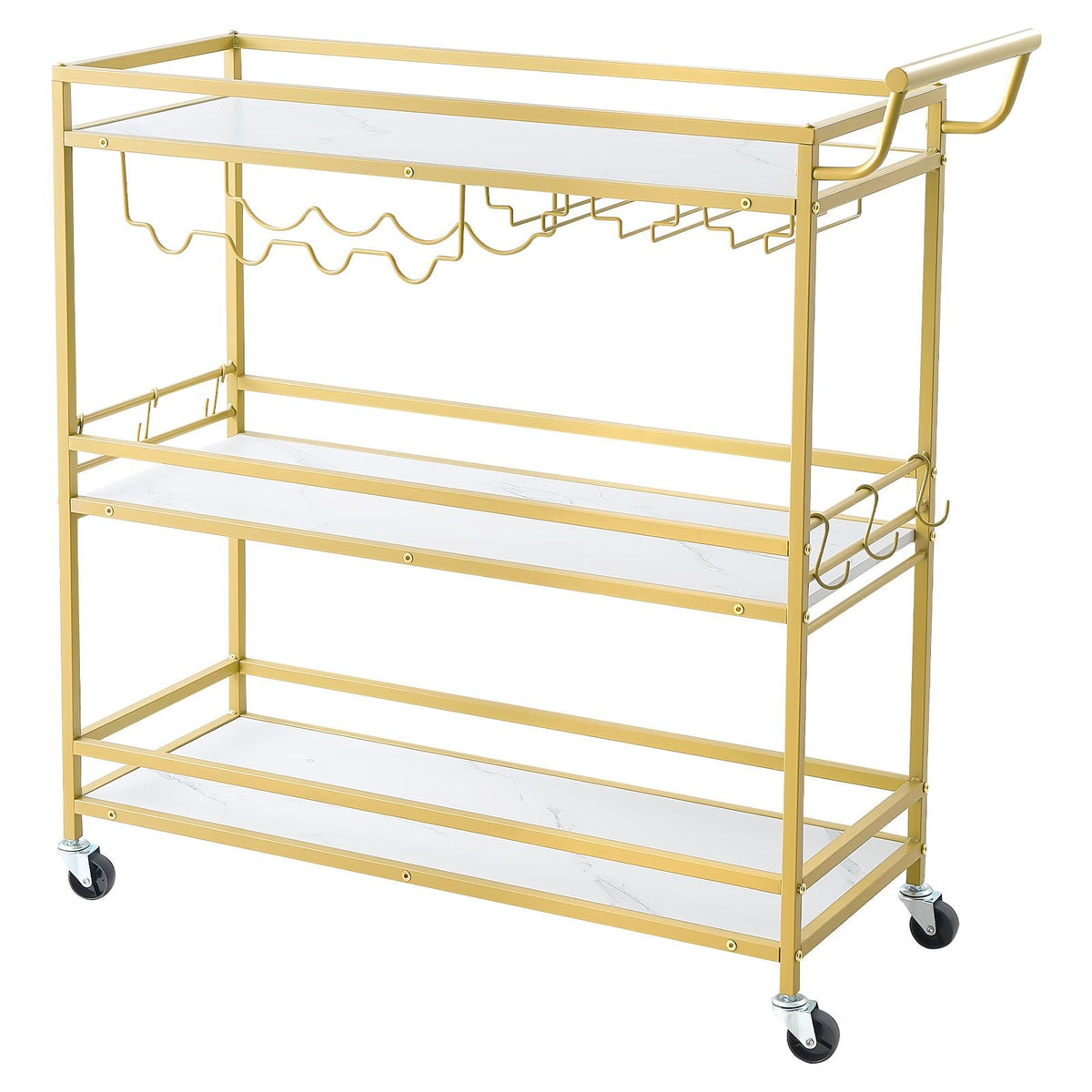 Bar Cart, 3 Tiers Home Kitchen Serving Carts, Modern Rolling Utility Station on Wheels, Mobile Drink Beverage Trolley with Wooden Shelf, Wine Rack, and Glass Holder, 35.83x12.99x36.81 in, Gold