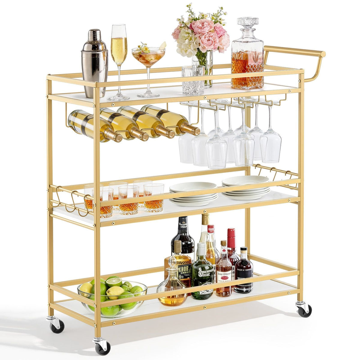Bar Cart, 3 Tiers Home Kitchen Serving Carts, Modern Rolling Utility Station on Wheels, Mobile Drink Beverage Trolley with Wooden Shelf, Wine Rack, and Glass Holder, 35.83x12.99x36.81 in, Gold