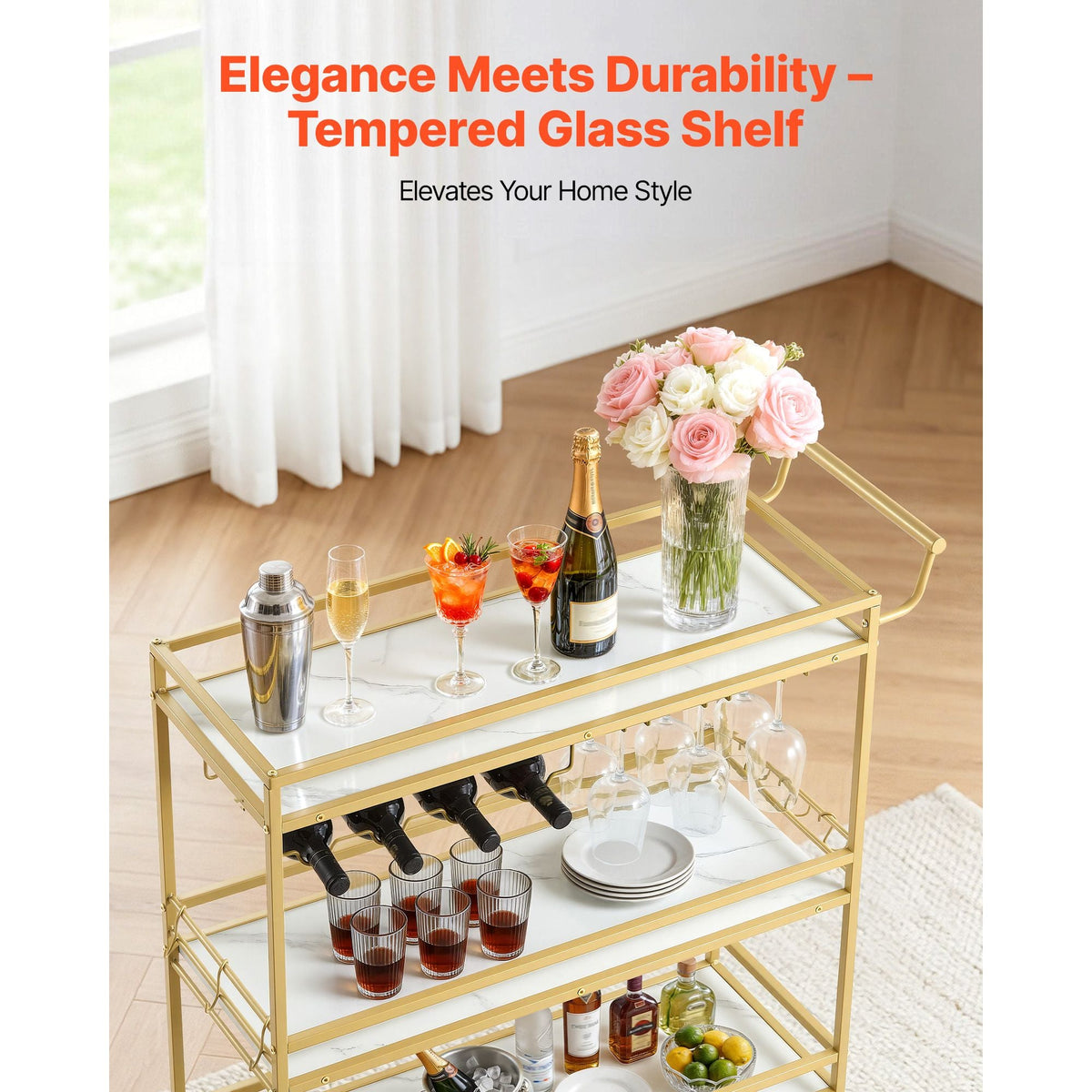 Bar Cart, 3 Tiers Home Kitchen Serving Carts, Modern Rolling Utility Station on Wheels, Mobile Drink Beverage Trolley with Wooden Shelf, Wine Rack, and Glass Holder, 35.83x12.99x36.81 in, Gold
