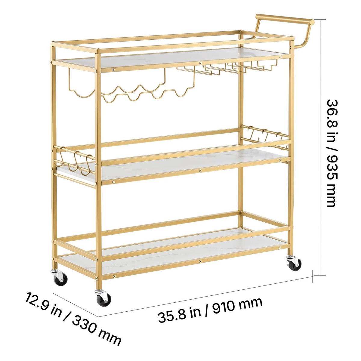 Bar Cart, 3 Tiers Home Kitchen Serving Carts, Modern Rolling Utility Station on Wheels, Mobile Drink Beverage Trolley with Wooden Shelf, Wine Rack, and Glass Holder, 35.83x12.99x36.81 in, Gold