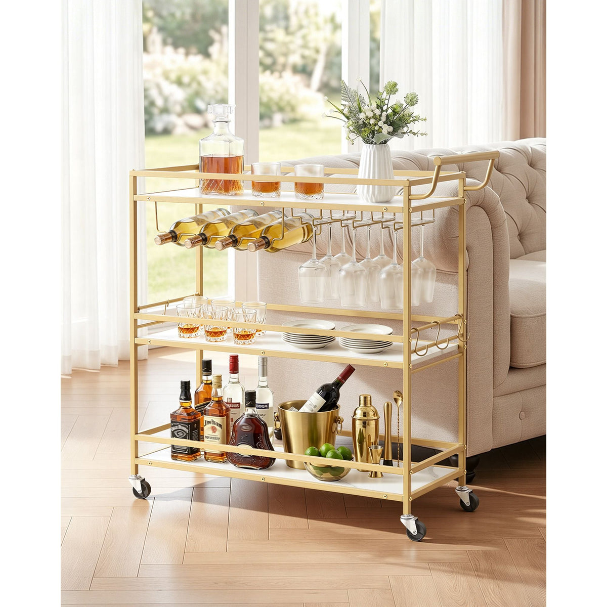 Bar Cart, 3 Tiers Home Kitchen Serving Carts, Modern Rolling Utility Station on Wheels, Mobile Drink Beverage Trolley with Wooden Shelf, Wine Rack, and Glass Holder, 35.83x12.99x36.81 in, Gold