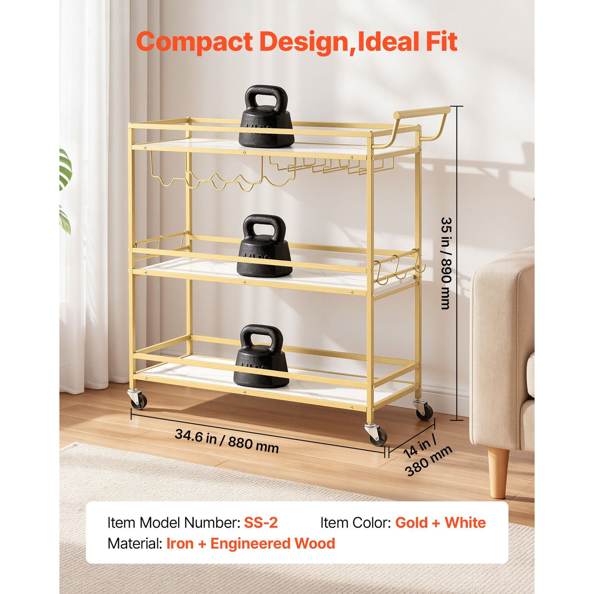 Bar Cart, 3 Tiers Home Kitchen Serving Carts, Modern Rolling Utility Station on Wheels, Mobile Drink Beverage Trolley with Wooden Shelf, Wine Rack, and Glass Holder, 35.83x12.99x36.81 in, Gold