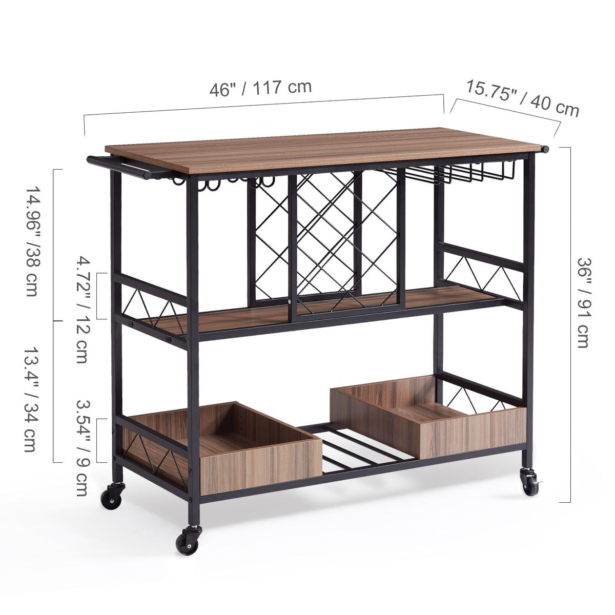 Bar Cart, Home Serving Cart, 3 Tiers 300 LBS Industrial Rolling Beverage Station on Lockable Wheels, Mobile Alcohol Drink Cart with Removable Tray Wine Rack Glass Holder for Kitchen Dining Room