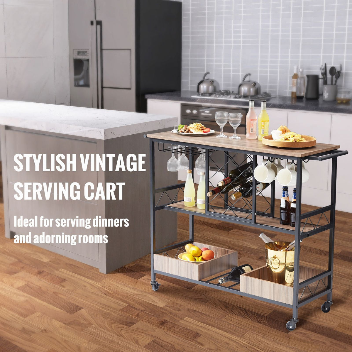 Bar Cart, Home Serving Cart, 3 Tiers 300 LBS Industrial Rolling Beverage Station on Lockable Wheels, Mobile Alcohol Drink Cart with Removable Tray Wine Rack Glass Holder for Kitchen Dining Room
