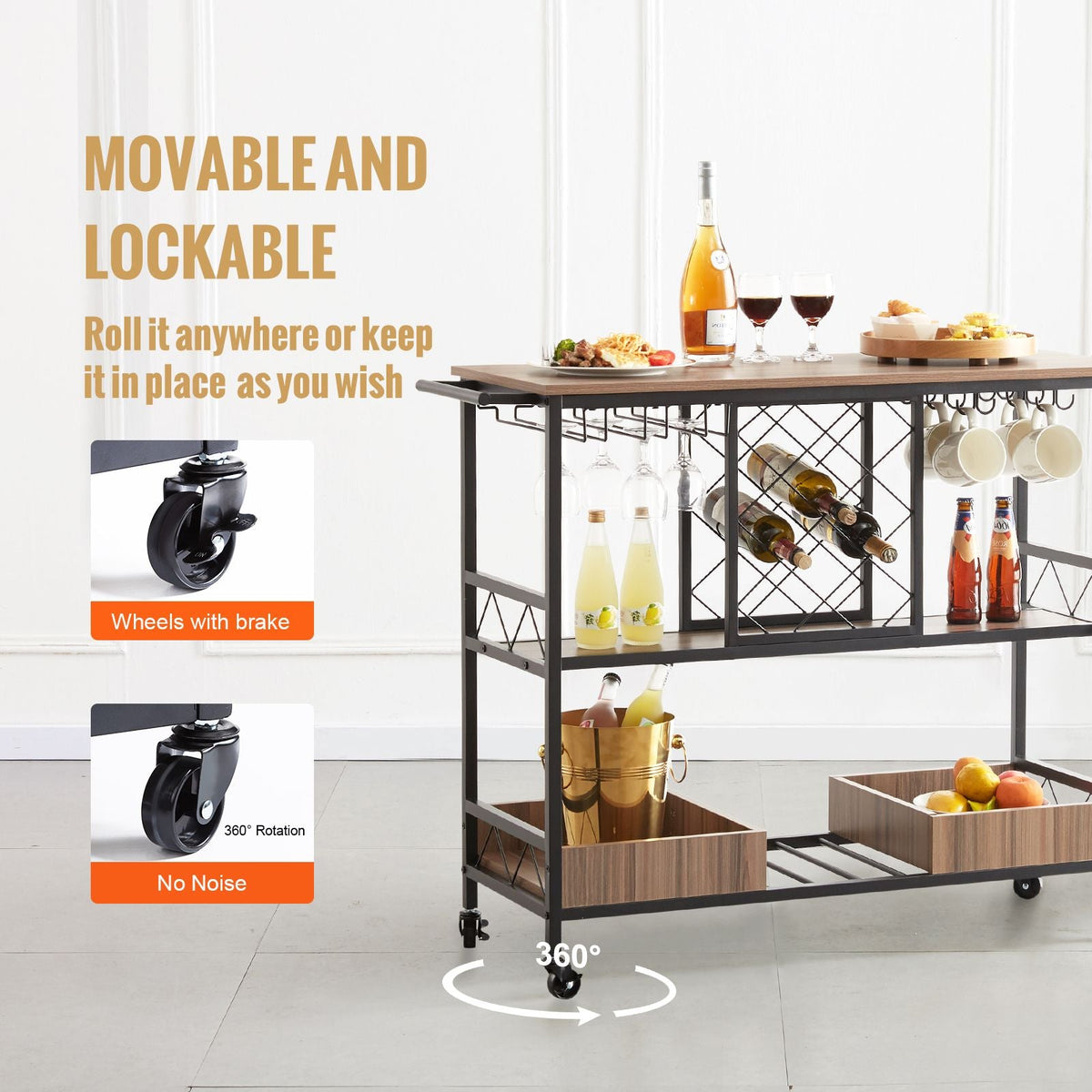 Bar Cart, Home Serving Cart, 3 Tiers 300 LBS Industrial Rolling Beverage Station on Lockable Wheels, Mobile Alcohol Drink Cart with Removable Tray Wine Rack Glass Holder for Kitchen Dining Room